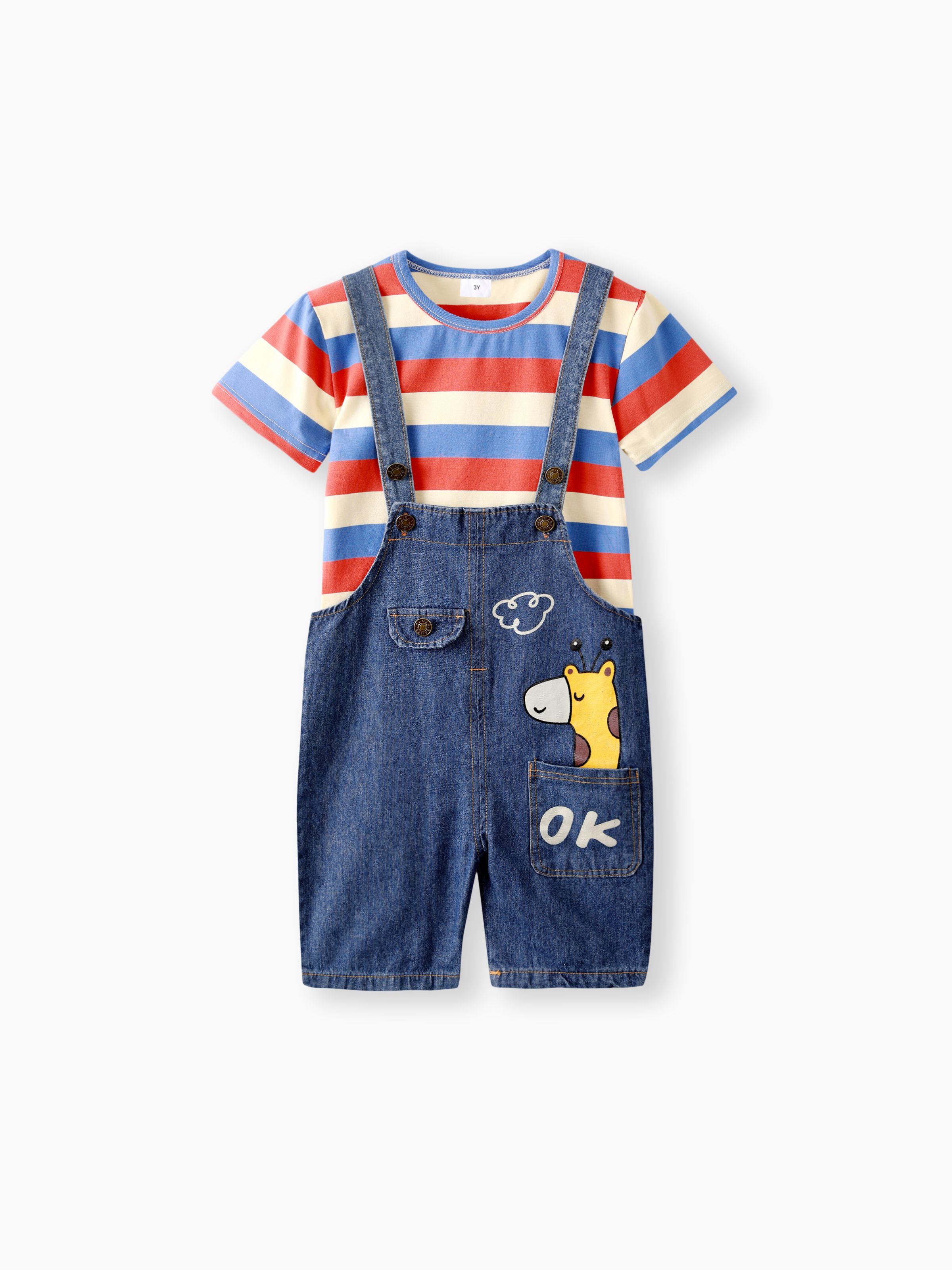 

2pcs Baby Boy/Girl 95% Cotton Short-sleeve Striped Tee and Cartoon Giraffe Print Denim Overalls Shorts Set