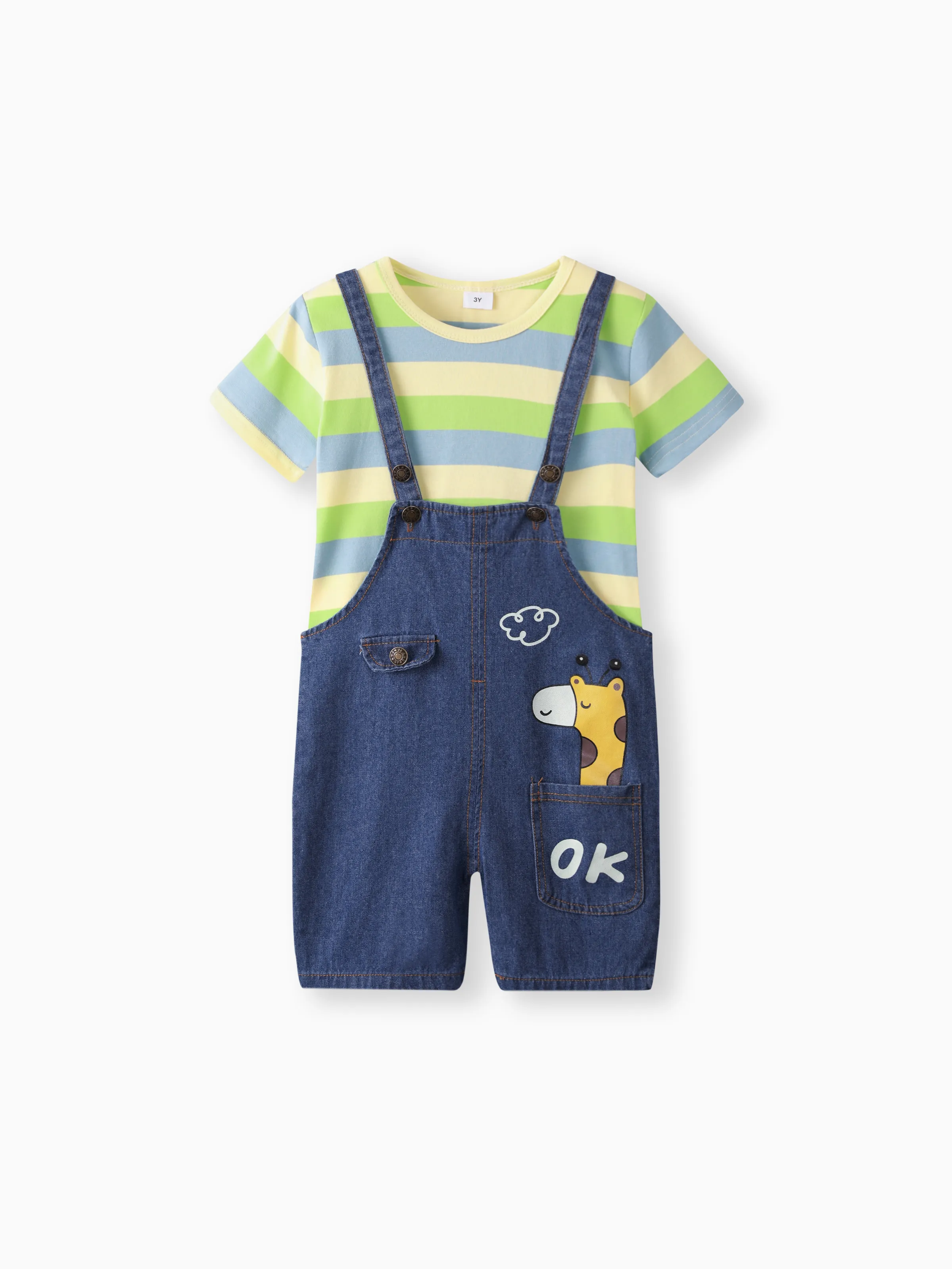 

2pcs Baby Boy/Girl 95% Cotton Short-sleeve Striped Tee and Cartoon Giraffe Print Denim Overalls Shorts Set