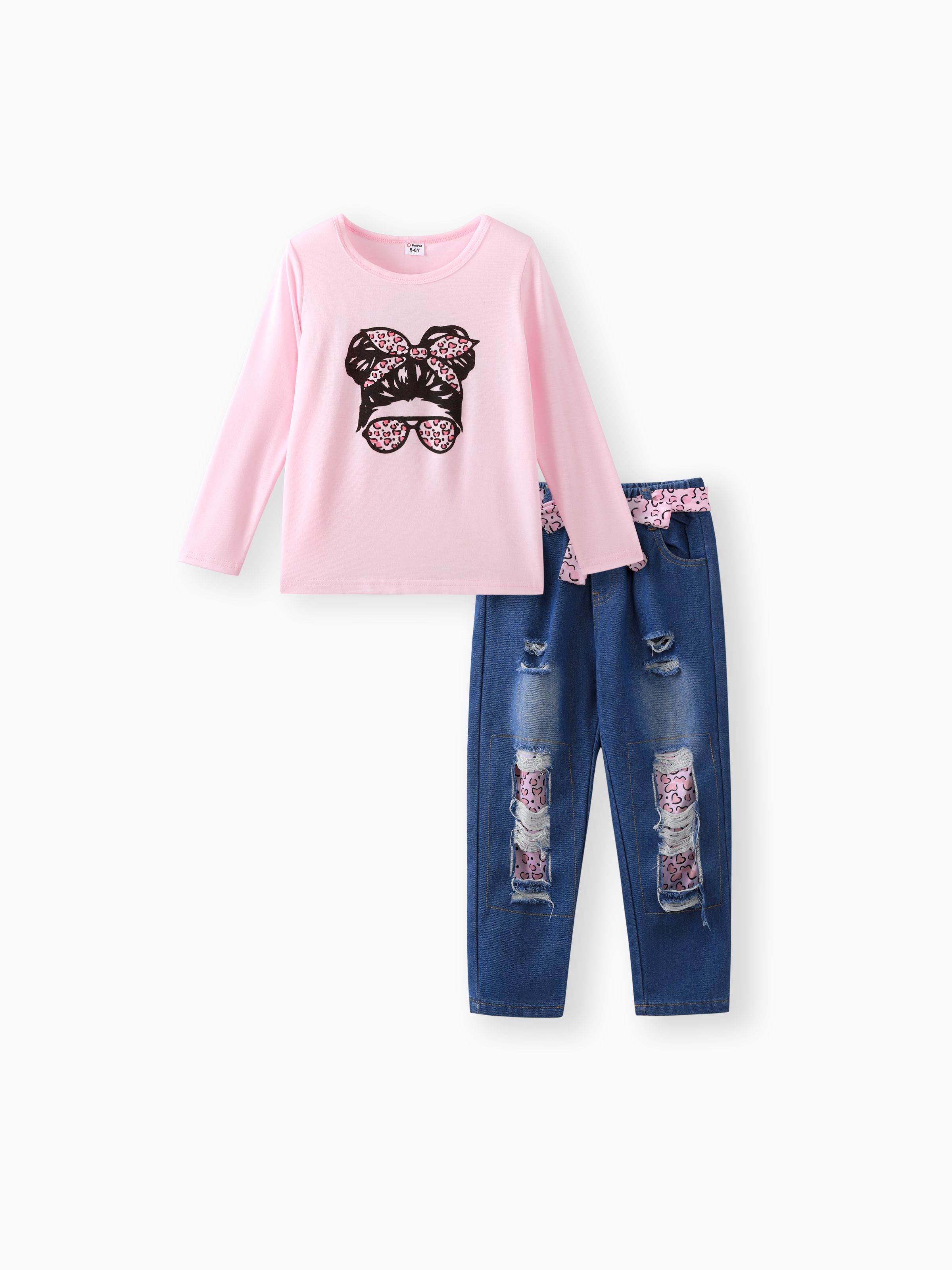 

2pcs Kid Girl Figure Print Long-sleeve Pink Tee and Belted Ripped Denim Jeans Set