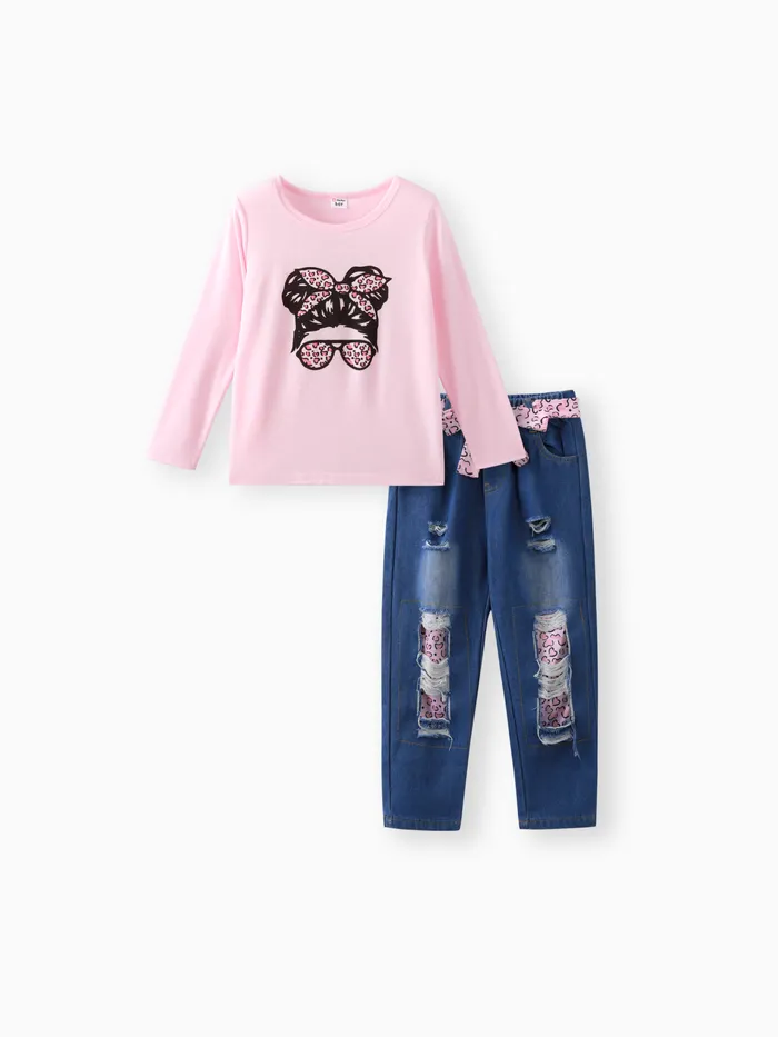 2pcs Kid Girl Figure Print Long-sleeve Pink Tee and Belted Ripped Denim Jeans Set