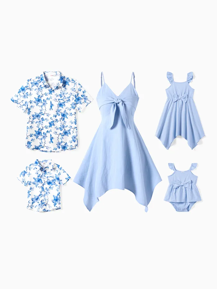 Family Matching Sets Blue Floral Beach Shirt or Irregular Hem Flowy Strap Dress 