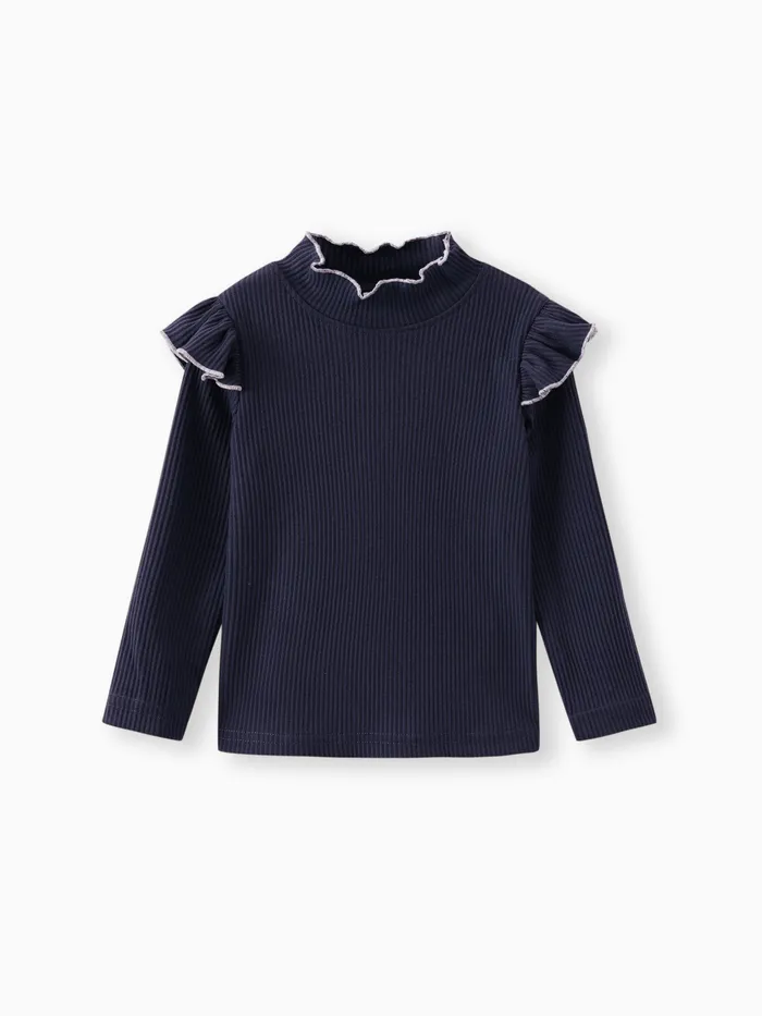 Toddler Girl Solid Color Ruffled Mock Neck Ribbed Long-sleeve Tee