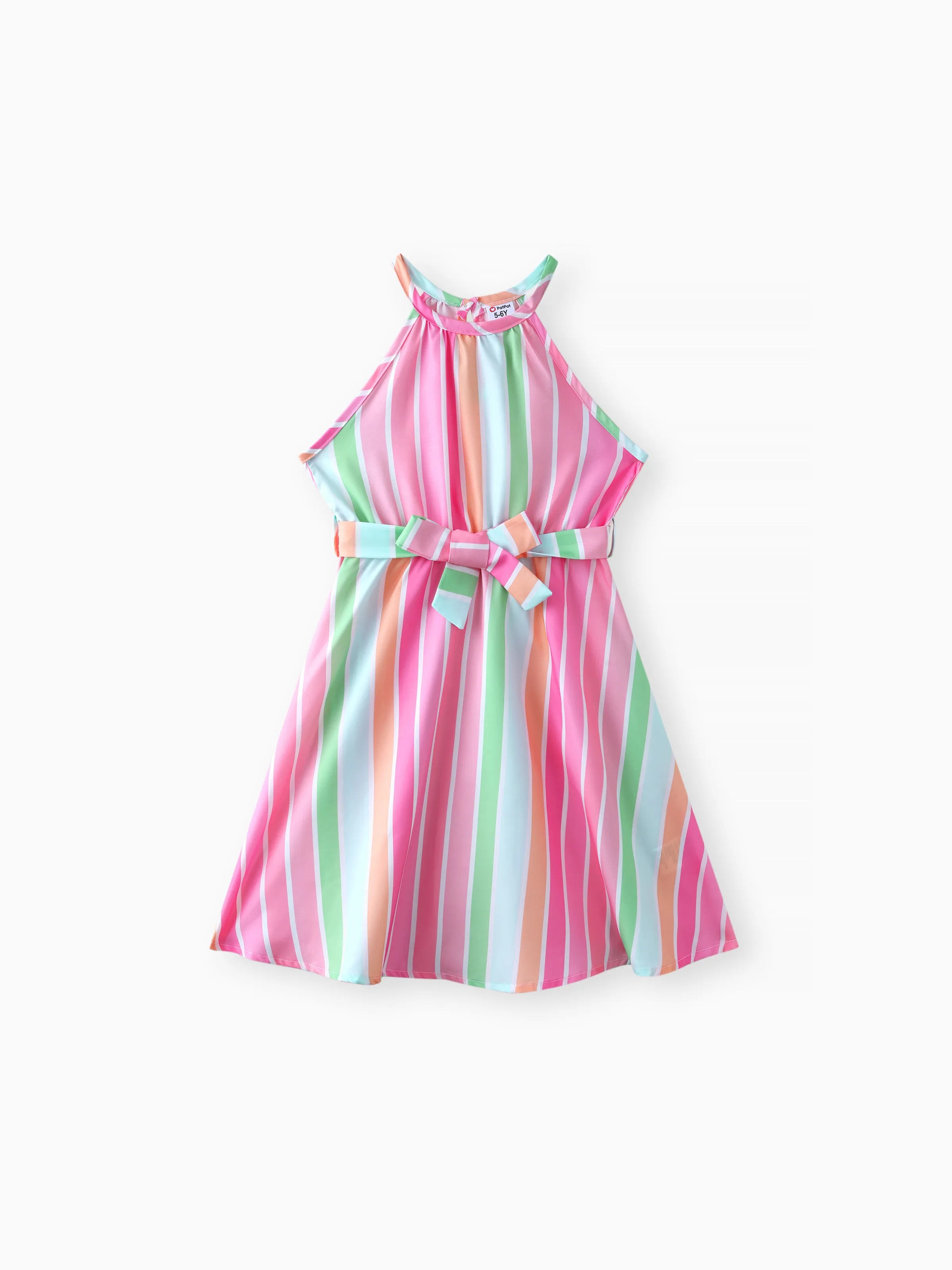 

Kid Girl Stripe Belted Halter Dress