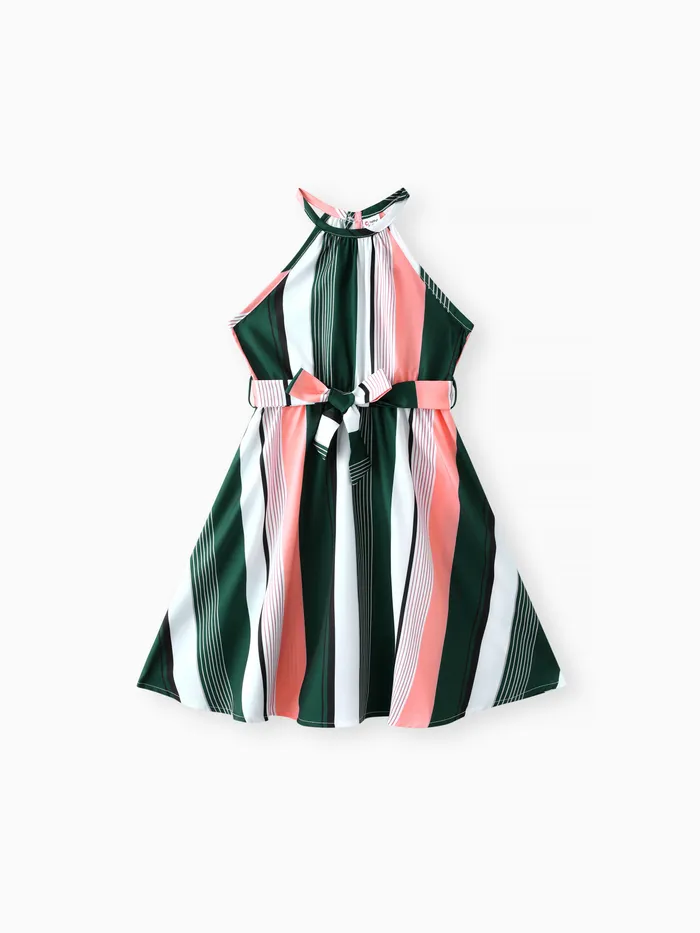 Kid Girl Stripe Belted Halter Dress