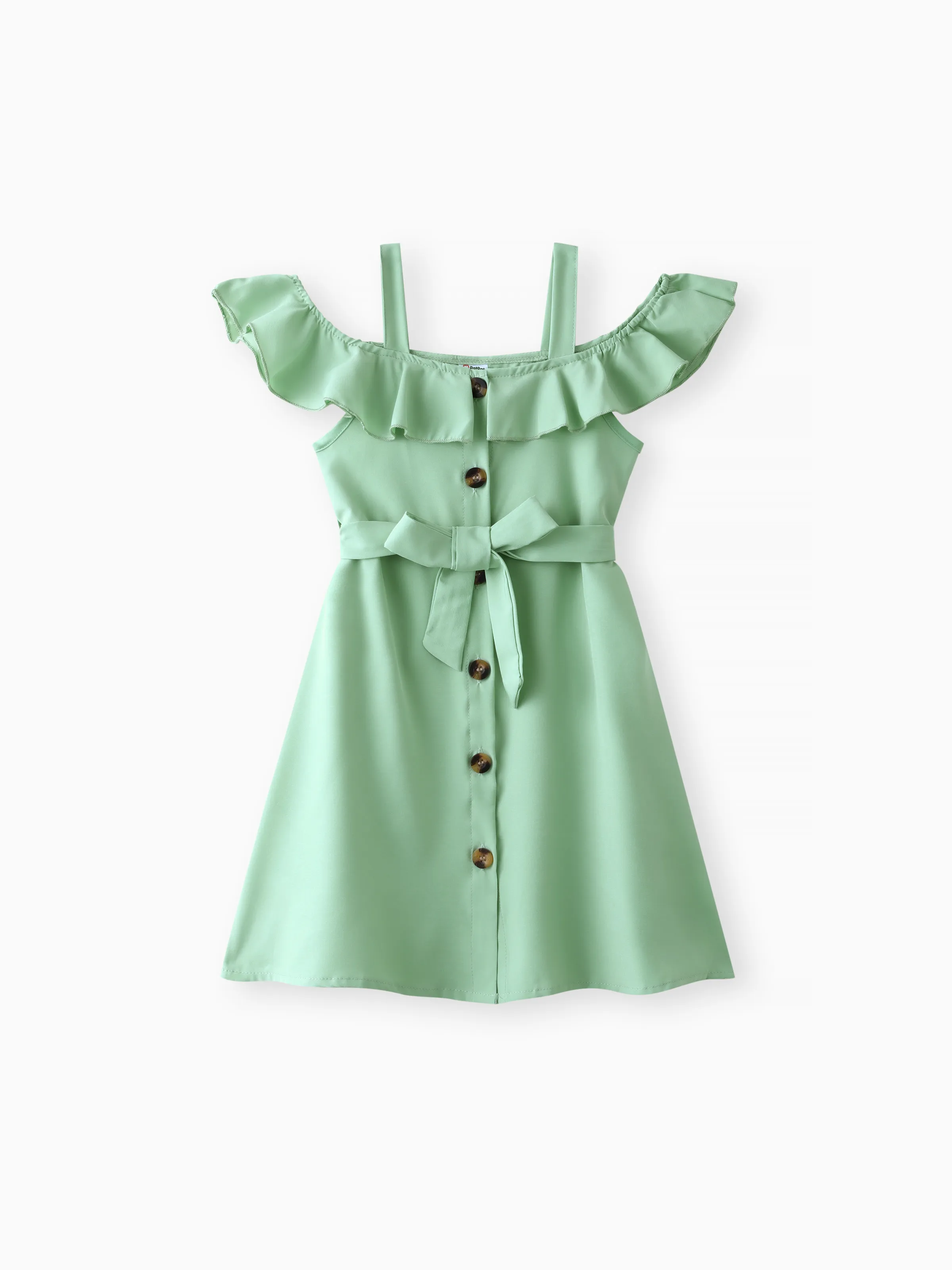 

Kid Girl Solid Color Flounce Off Shoulder Belted Dress