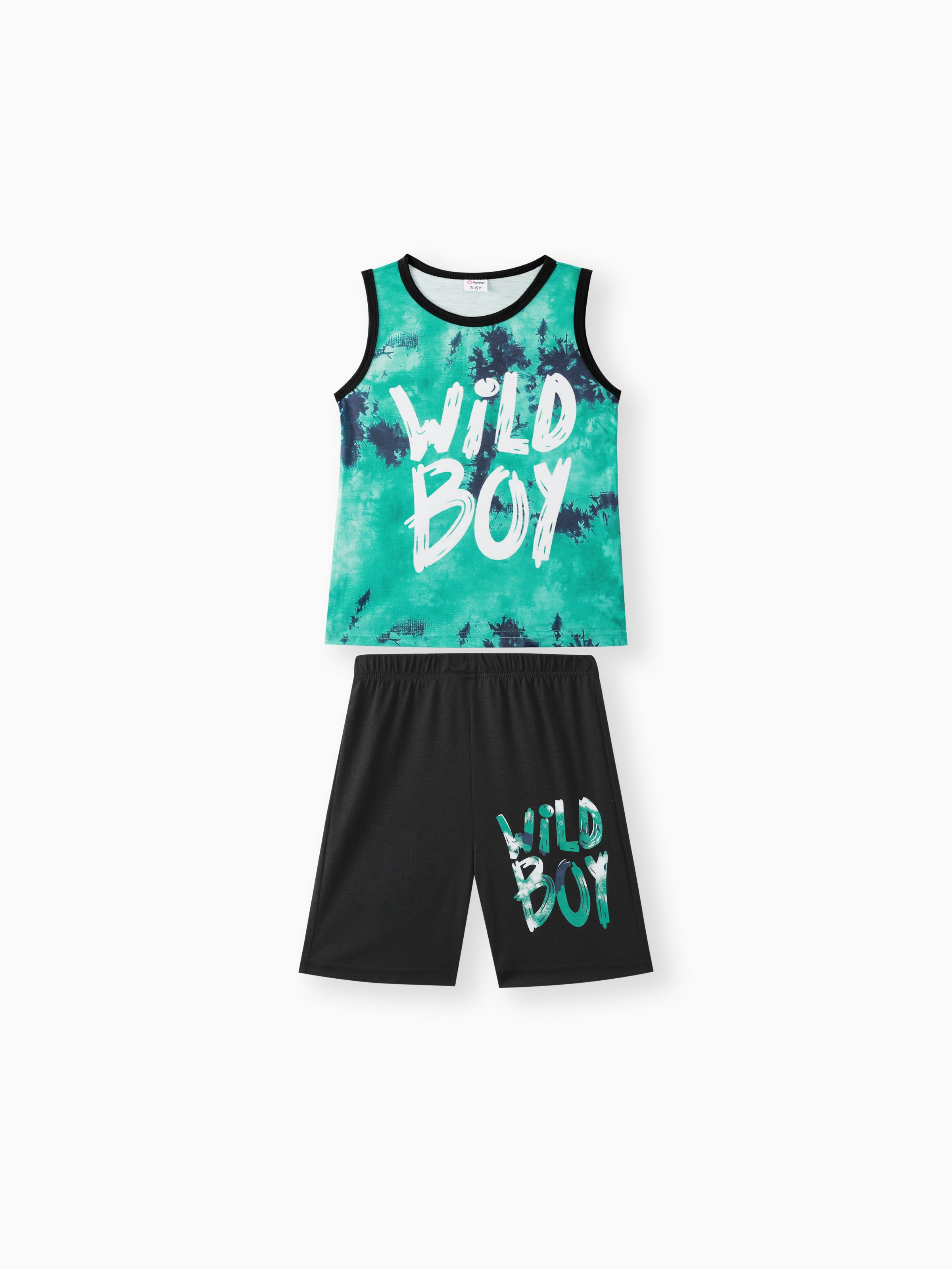 

2Pcs Kid Boy Tie Dye Letter Print Tank Top & Shorts Set