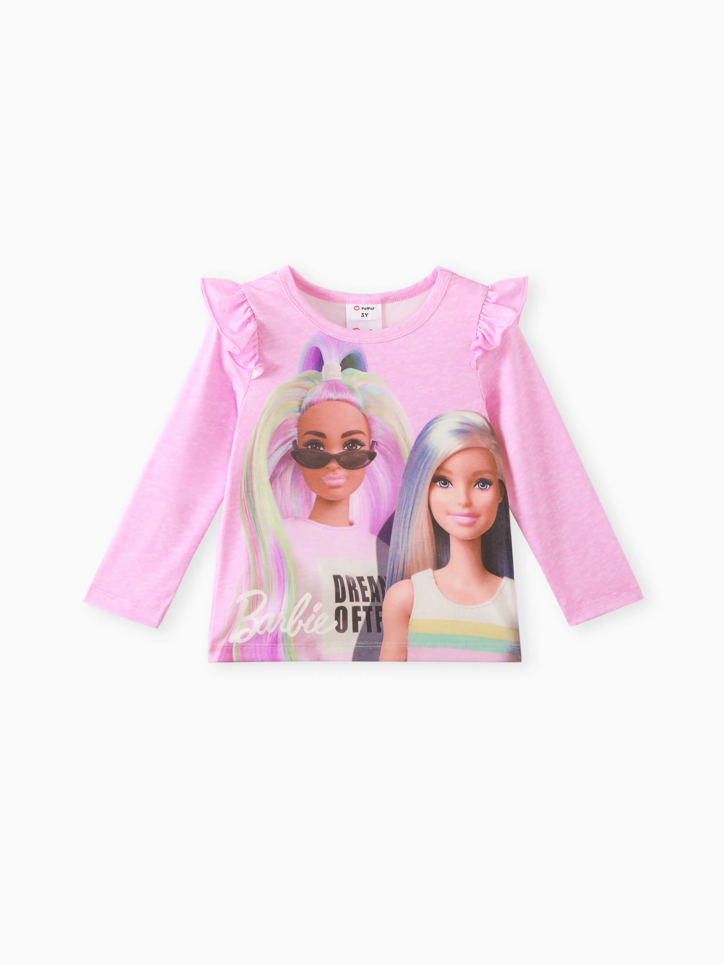 camiseta de manga larga con volantes y estampado de personaje de niña pequeña de barbie