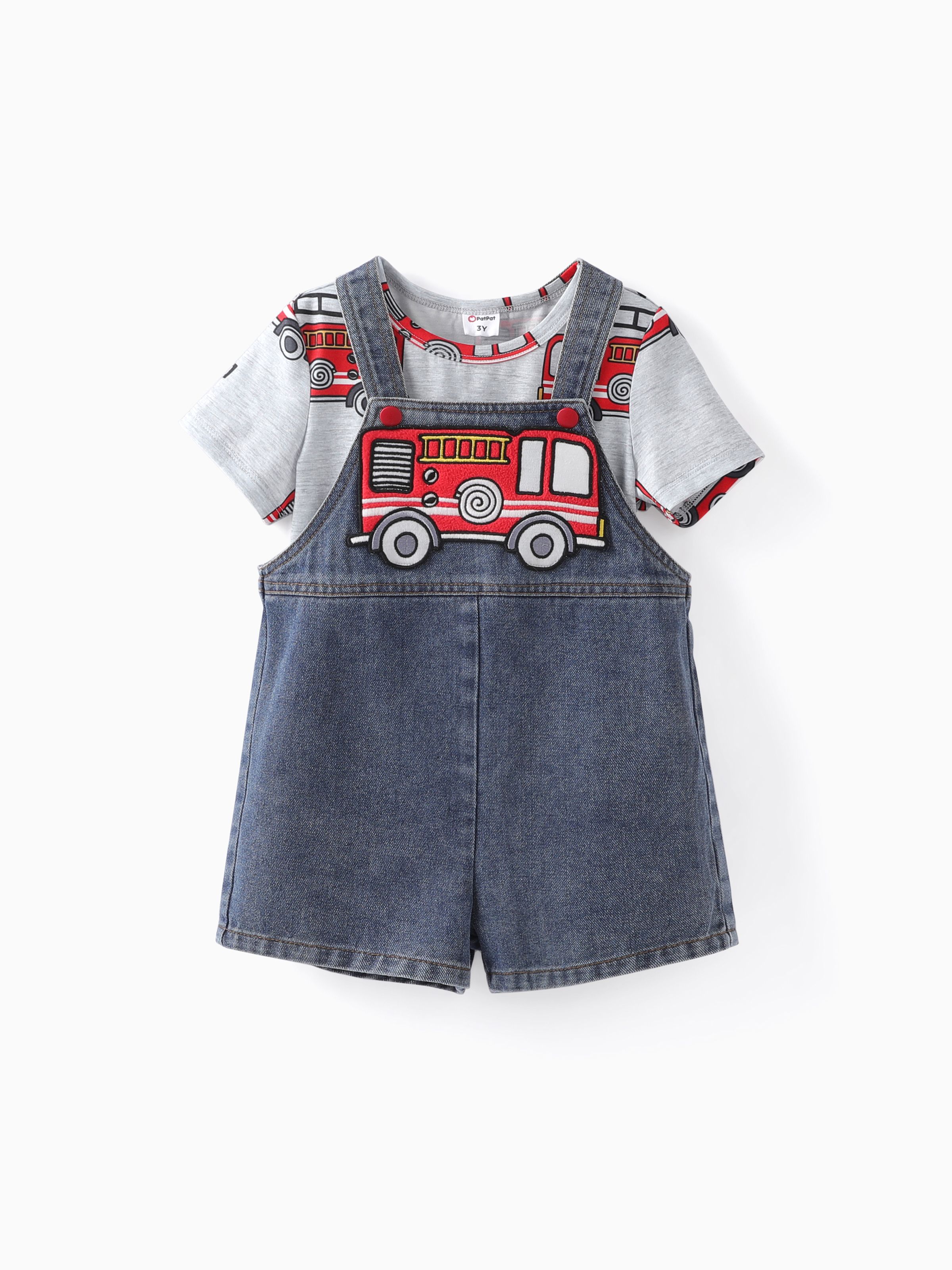 

Toddler Boys 2pcs Vehicle Print Tee and Vehicle Embroiderey Denim Overalls Set