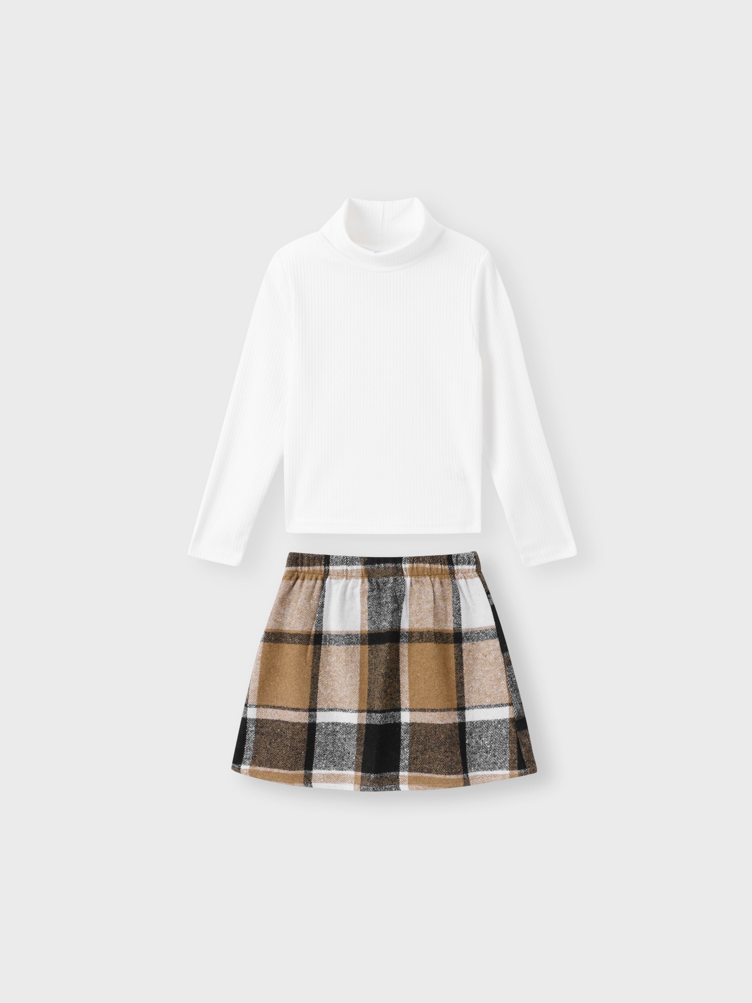 

2pcs Kid Girl Turtleneck Long-sleeve Black Tee and Plaid Skirt Set