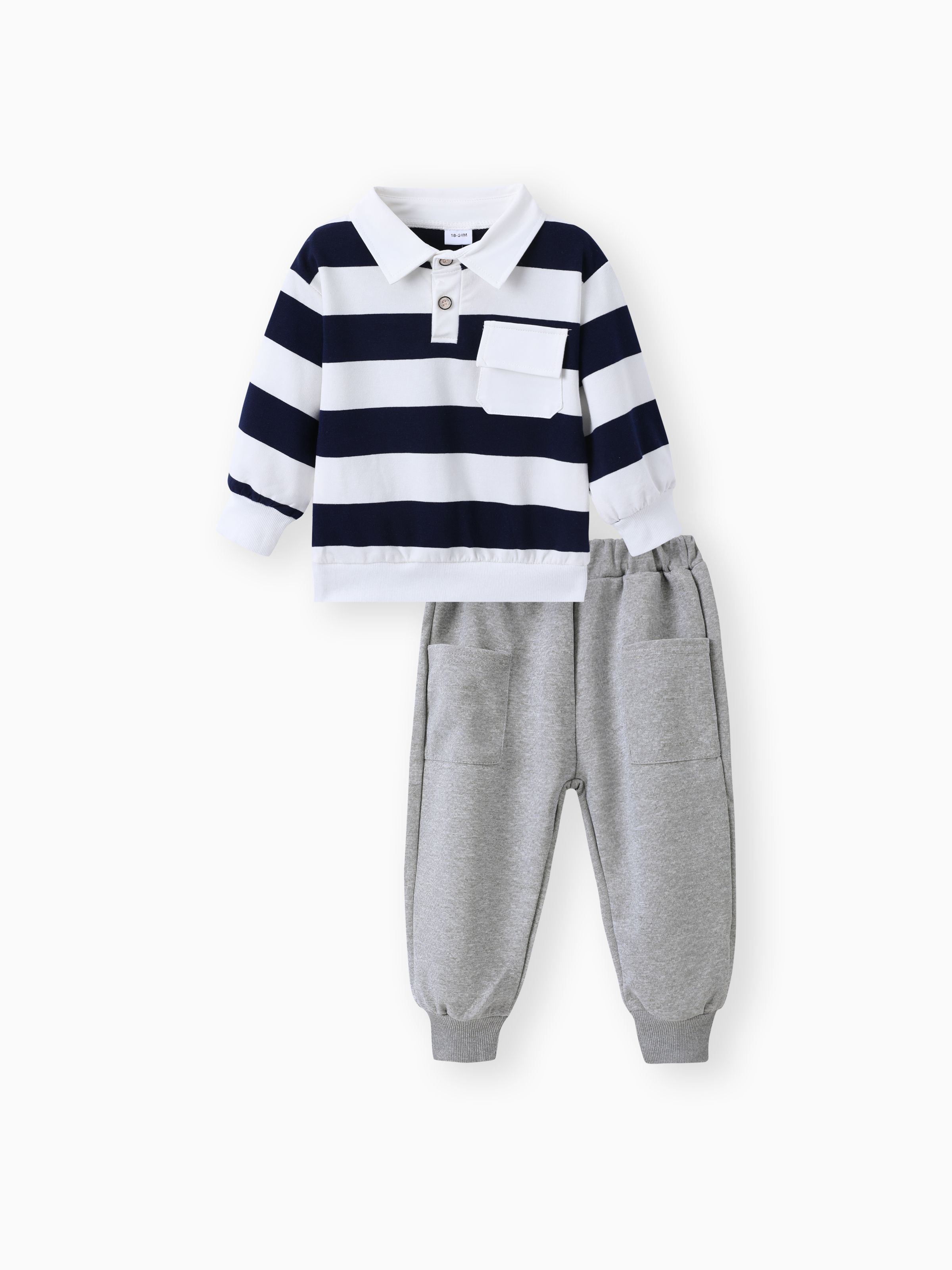 

2-piece Toddler Boy Stripe Polo shirt and Grey Pants Set