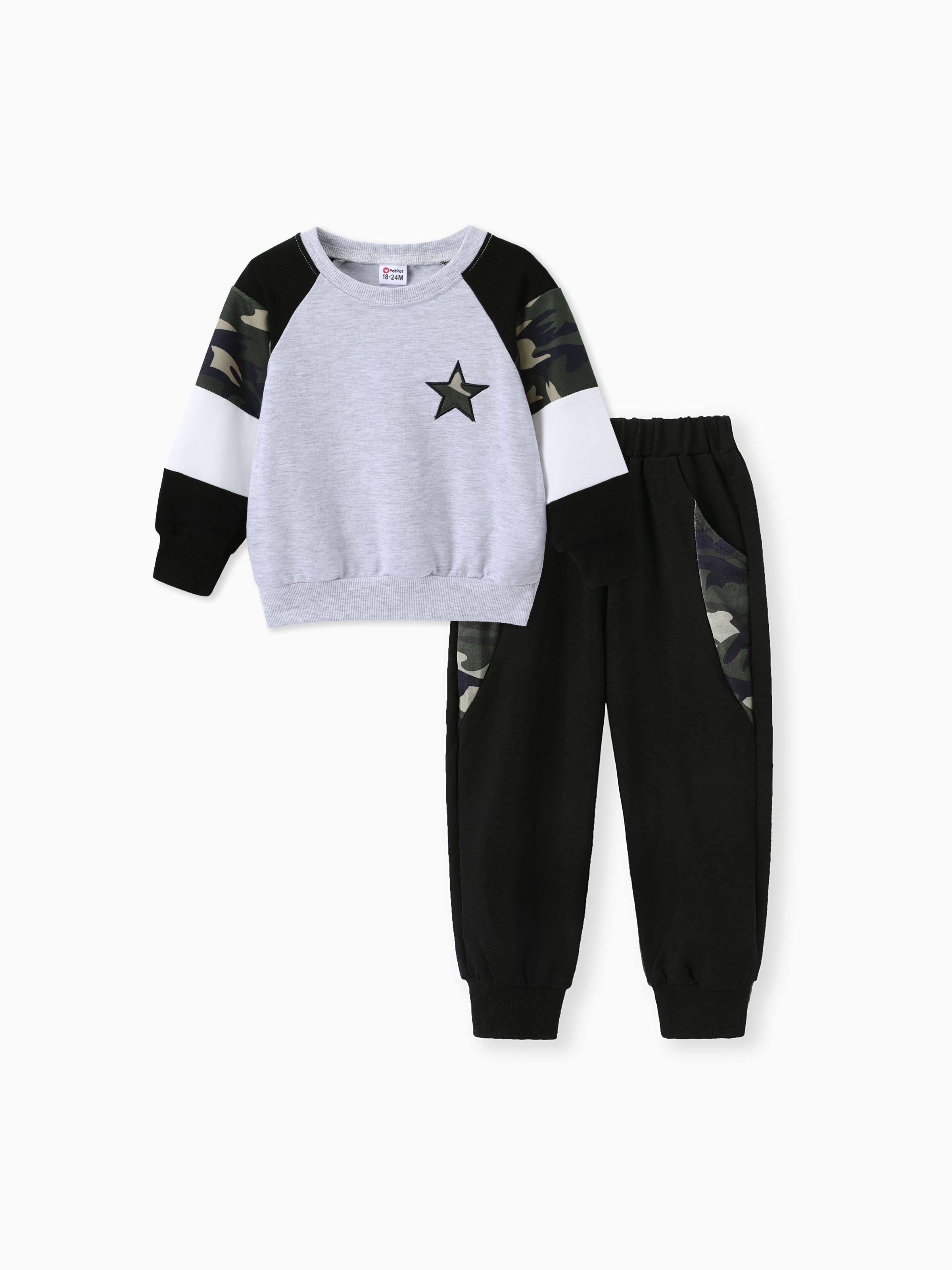 

2-piece Toddler Boy 100% Cotton Star Camouflage Print Raglan Sleeve Pullover and Black Pants Set