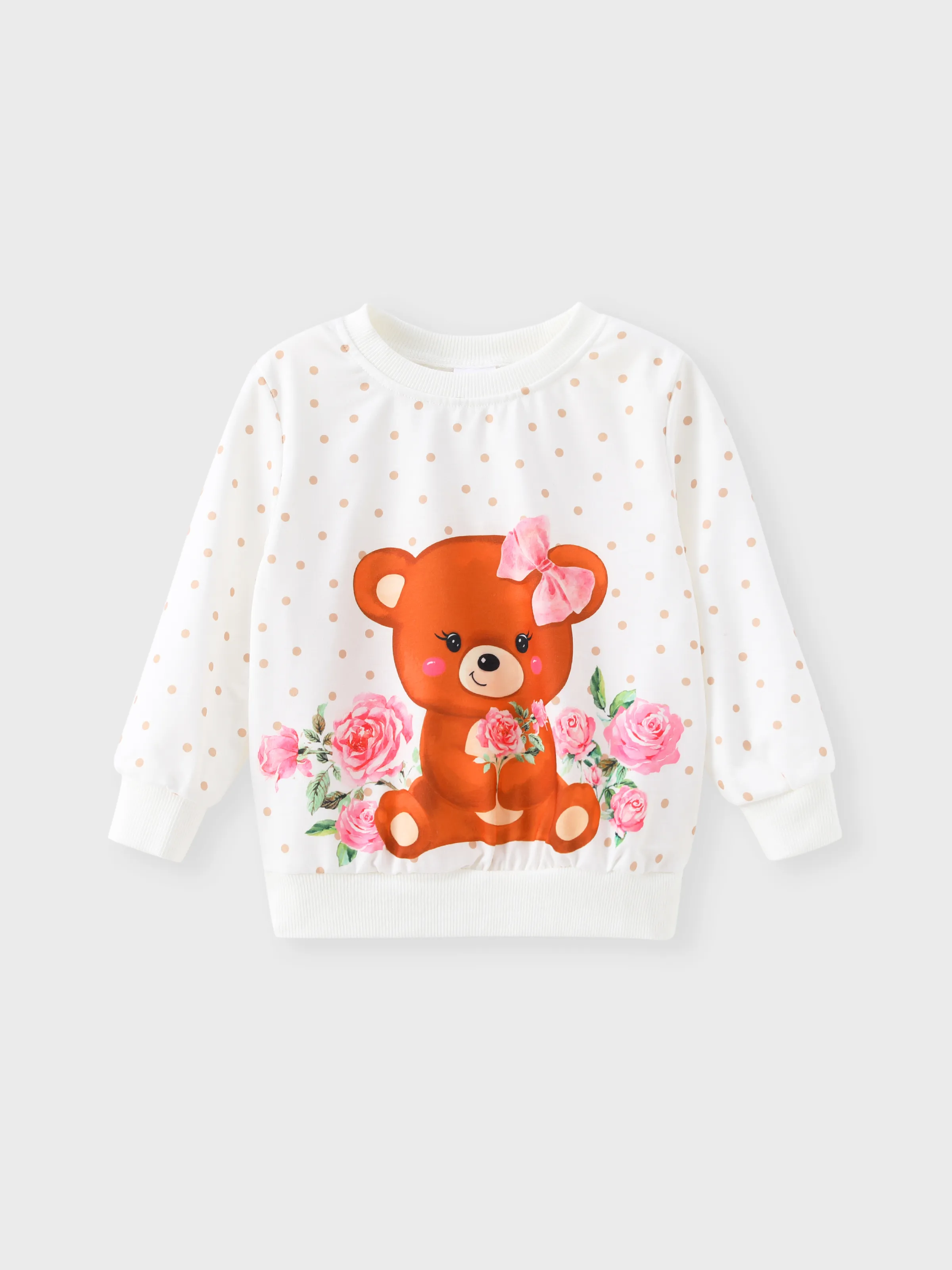 Toddler Girl Bear & Floral & Polka Dots Print Long-sleeve Pullover Sweatshirt  