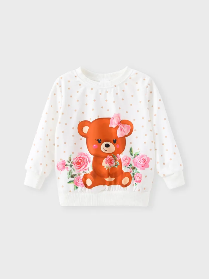 Toddler Girl Bear & Floral & Polka Dots Print Long-sleeve Pullover Sweatshirt  