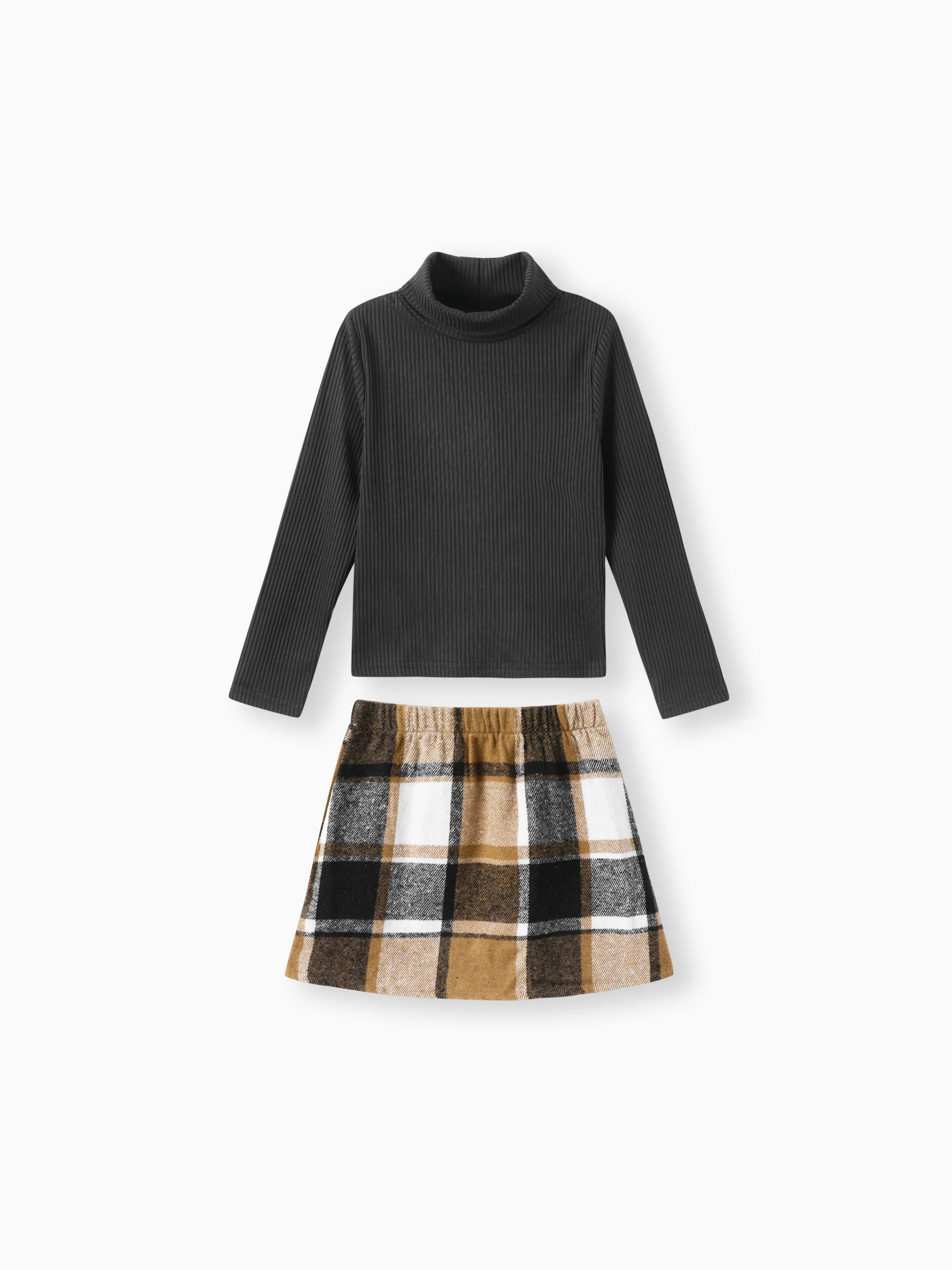 

2pcs Kid Girl Turtleneck Long-sleeve Black Tee and Plaid Skirt Set