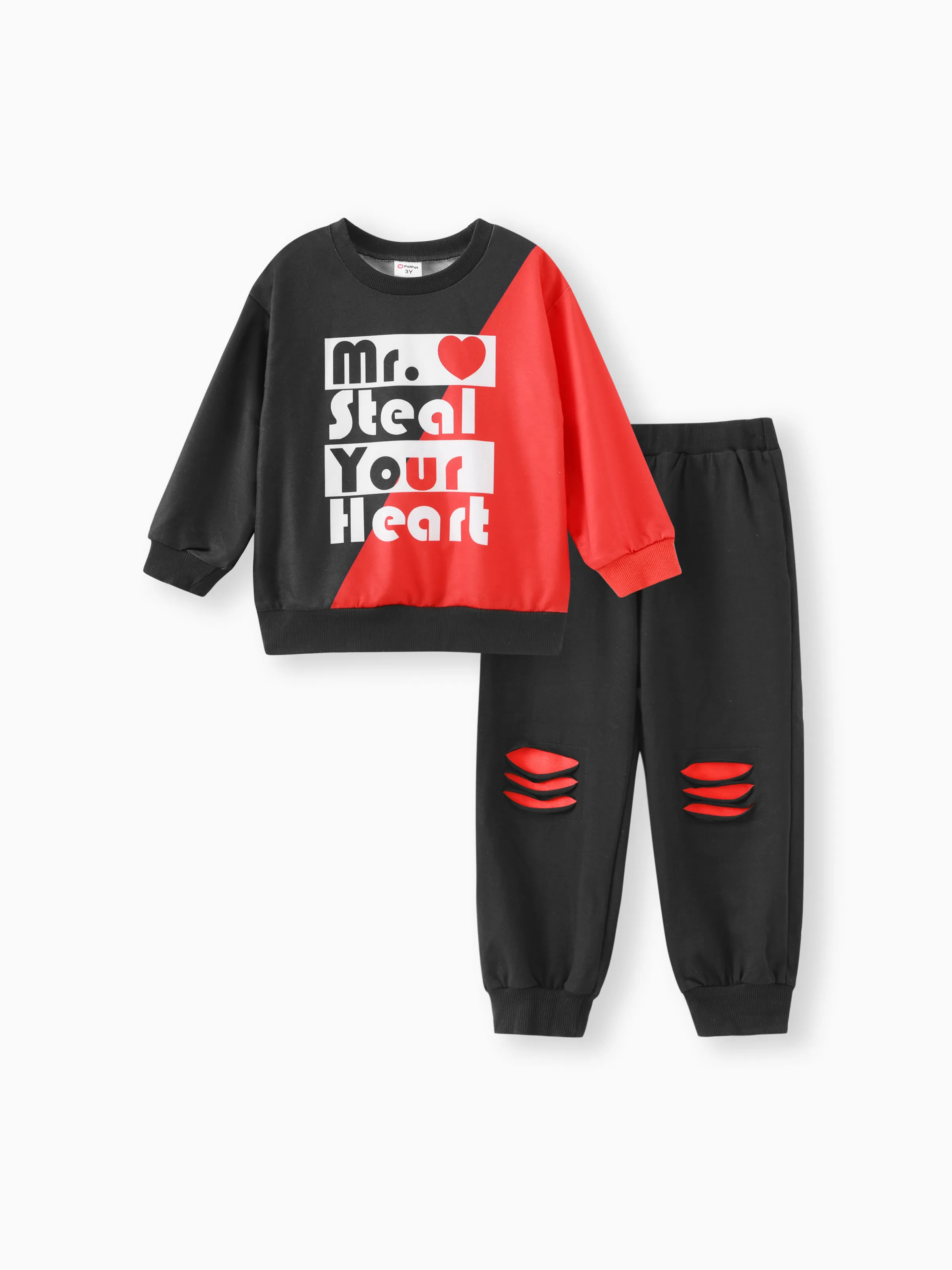 

2pcs Toddler Boy Letter Print Colorblock Sweatshirt and Ripped Pants Set