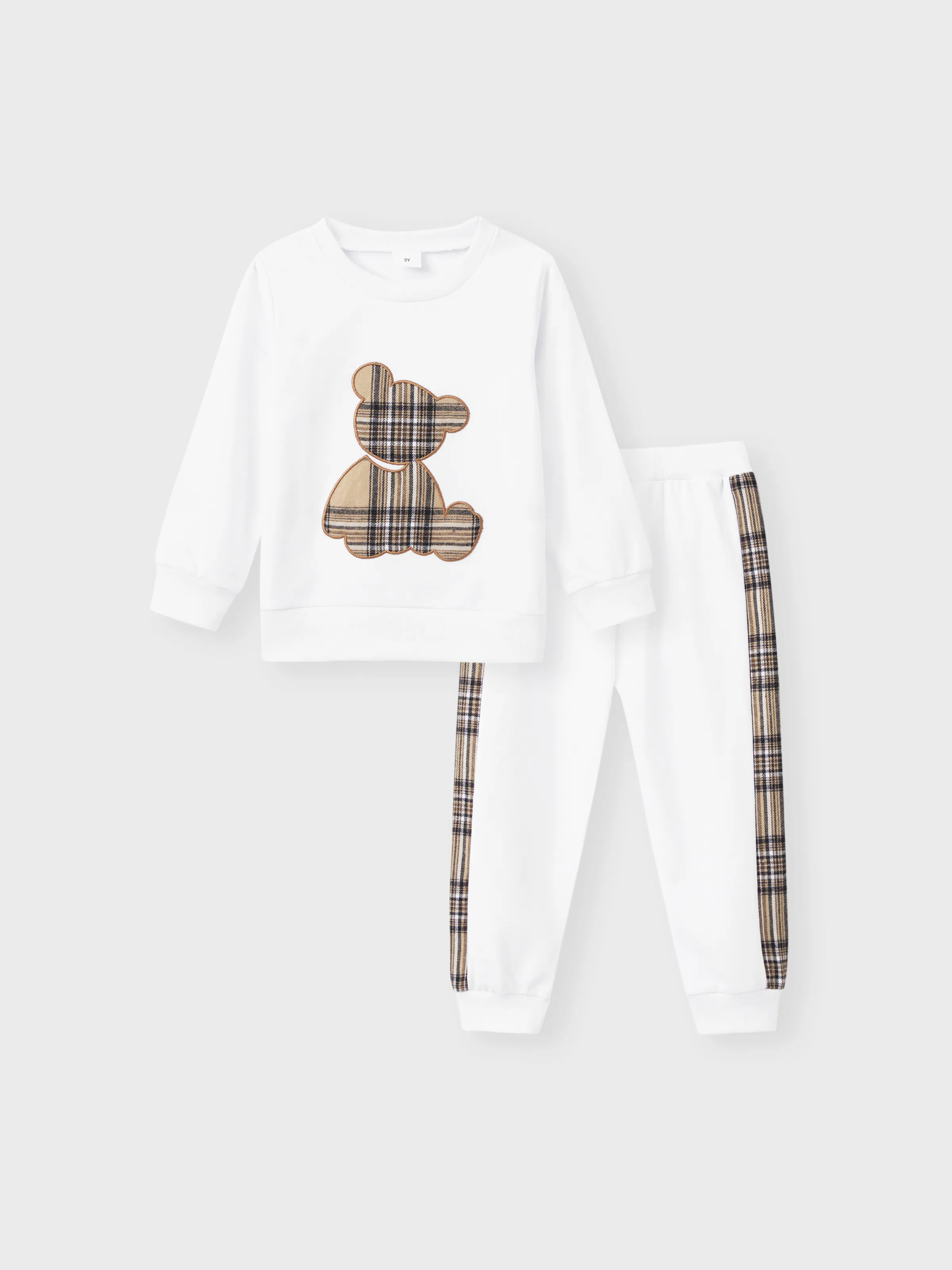 

2pcs Toddler Boy Playful Bear Embroidered Sweatshirt and Plaid Splice Pants Set