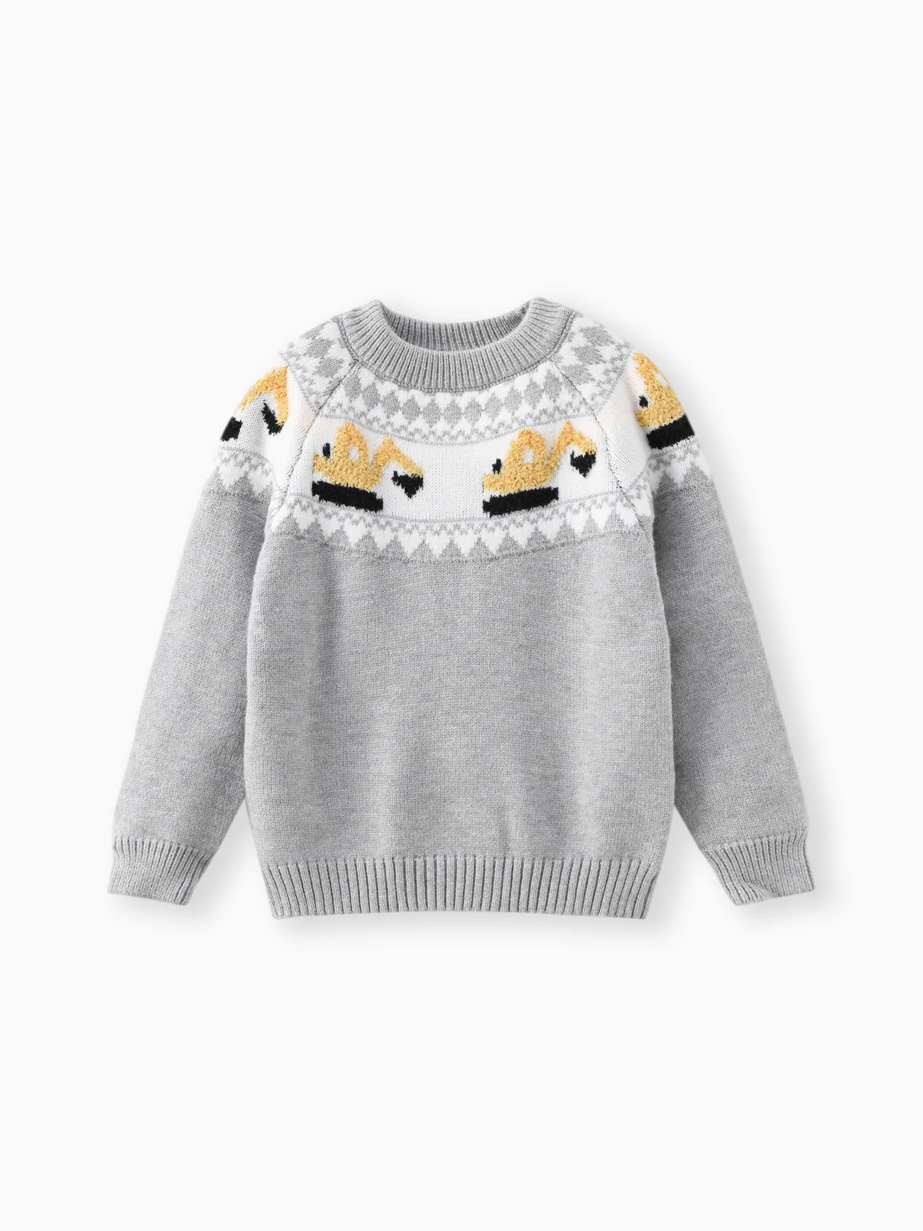 Toddler Boy Playful Vehicle Excavator Pattern Colorblock Sweater