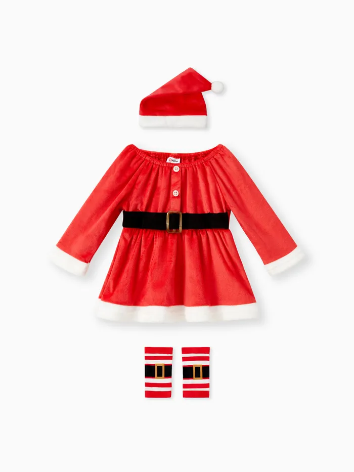 Christmas 3pcs Baby Girl Red Fleece Long-sleeve Dress with Xmas Hat & Calf Sleeves Set