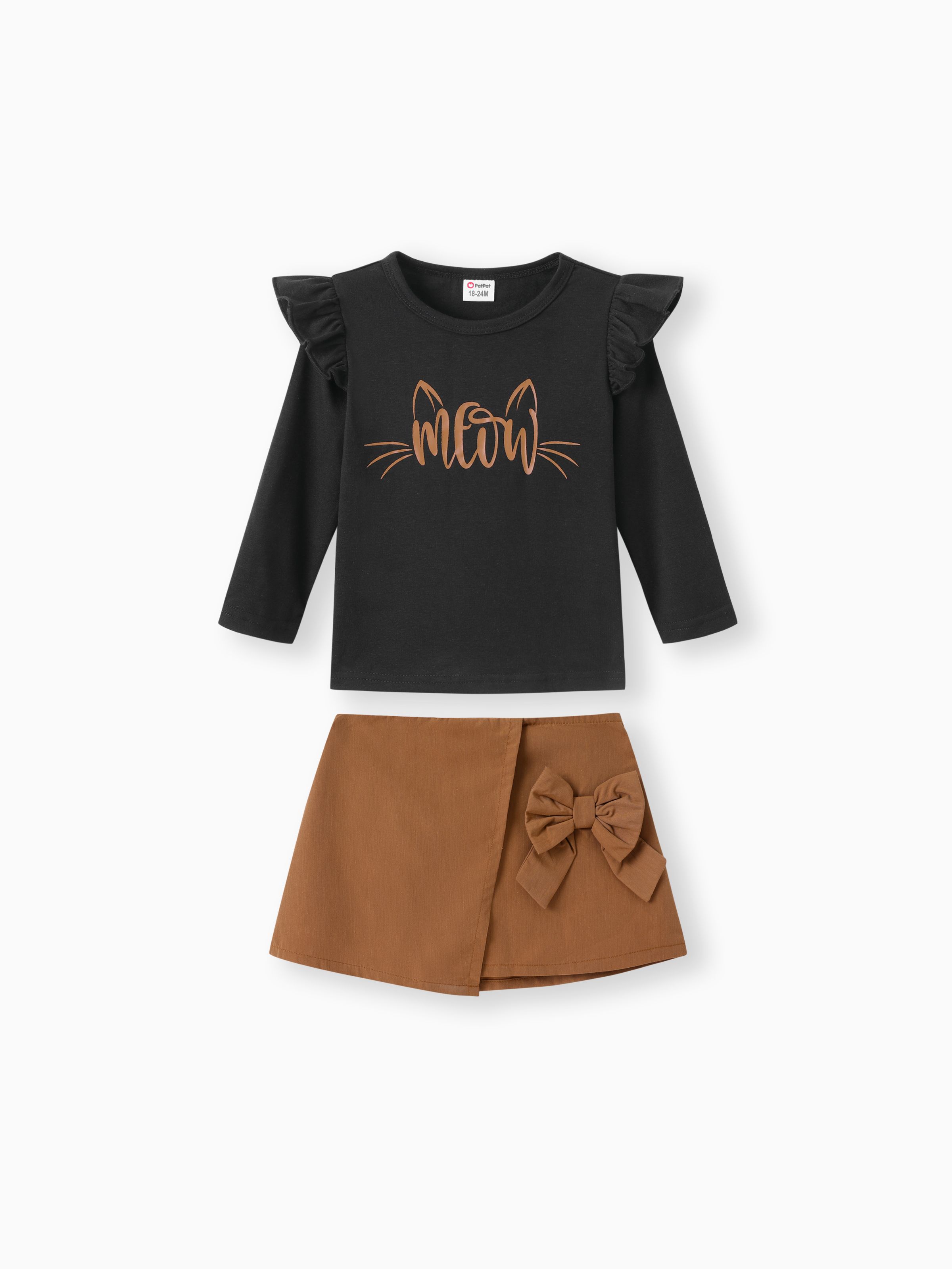 

2pcs Toddler Girl Kitty Print Long-sleeve Ruffled Black Tee and Bowknot Design Shorts Set