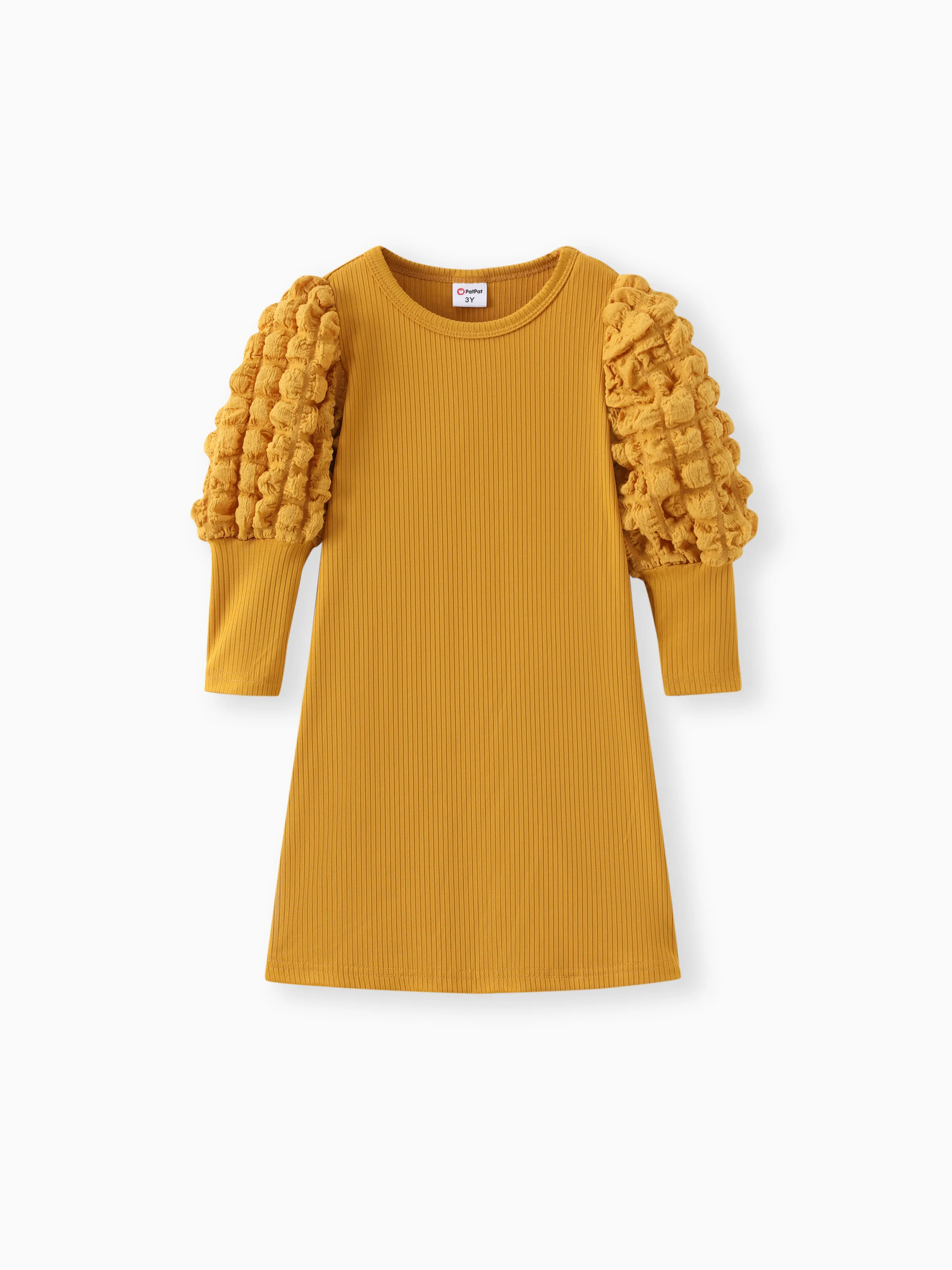 

Toddler Girl Textured Ribbed Long Puff-sleeve Dress (Belt is not included)