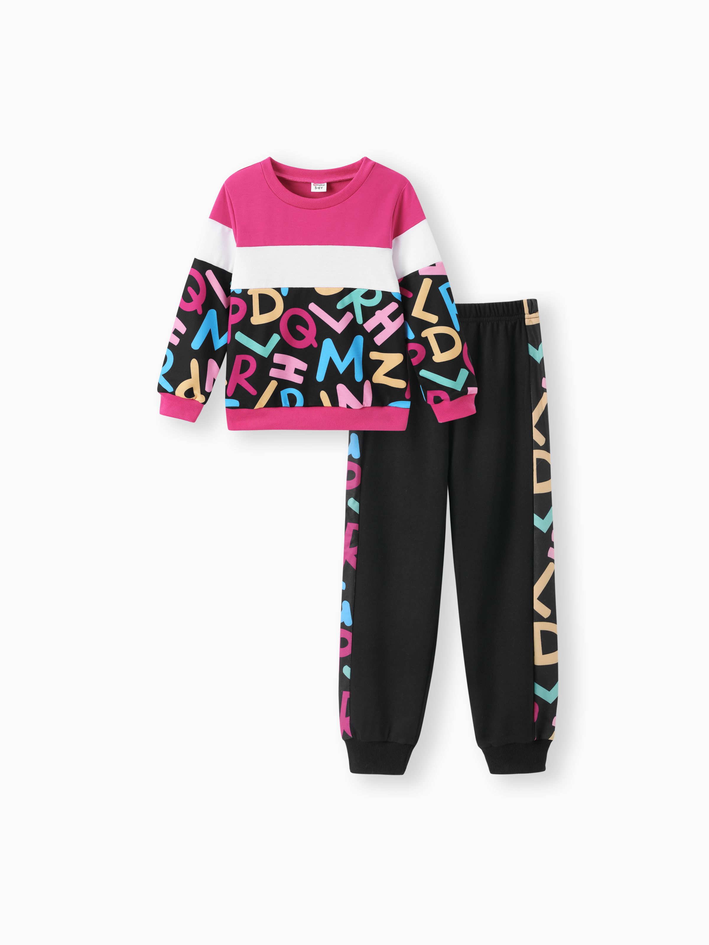 

2pcs Kid Girl Letter Print Colorblock Sweatshirt and Elasticized Pants Set