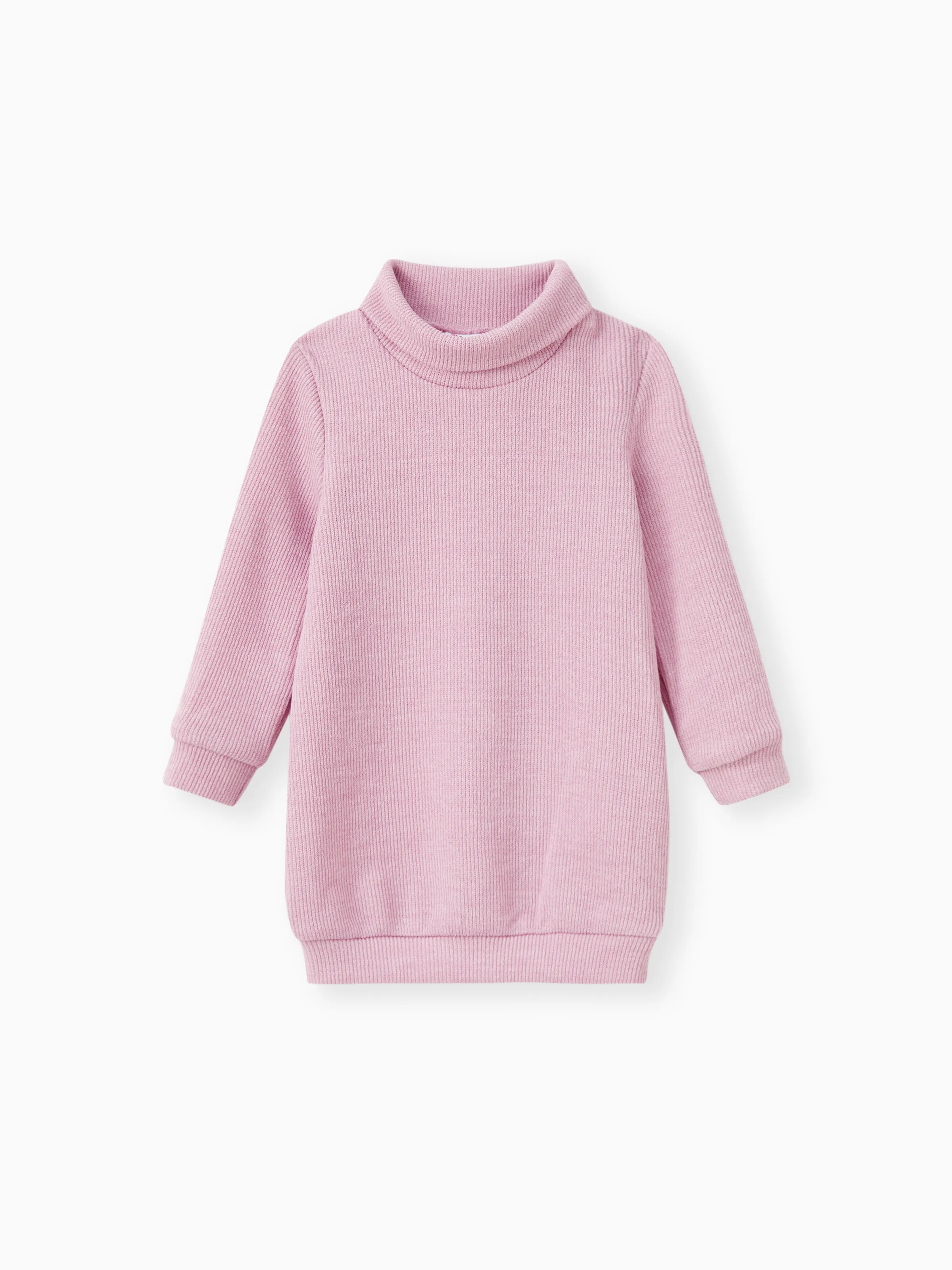 Toddler Girl Solid Color Turtleneck Ribbed Sweater Dress (Belt is not included) Rosy pink