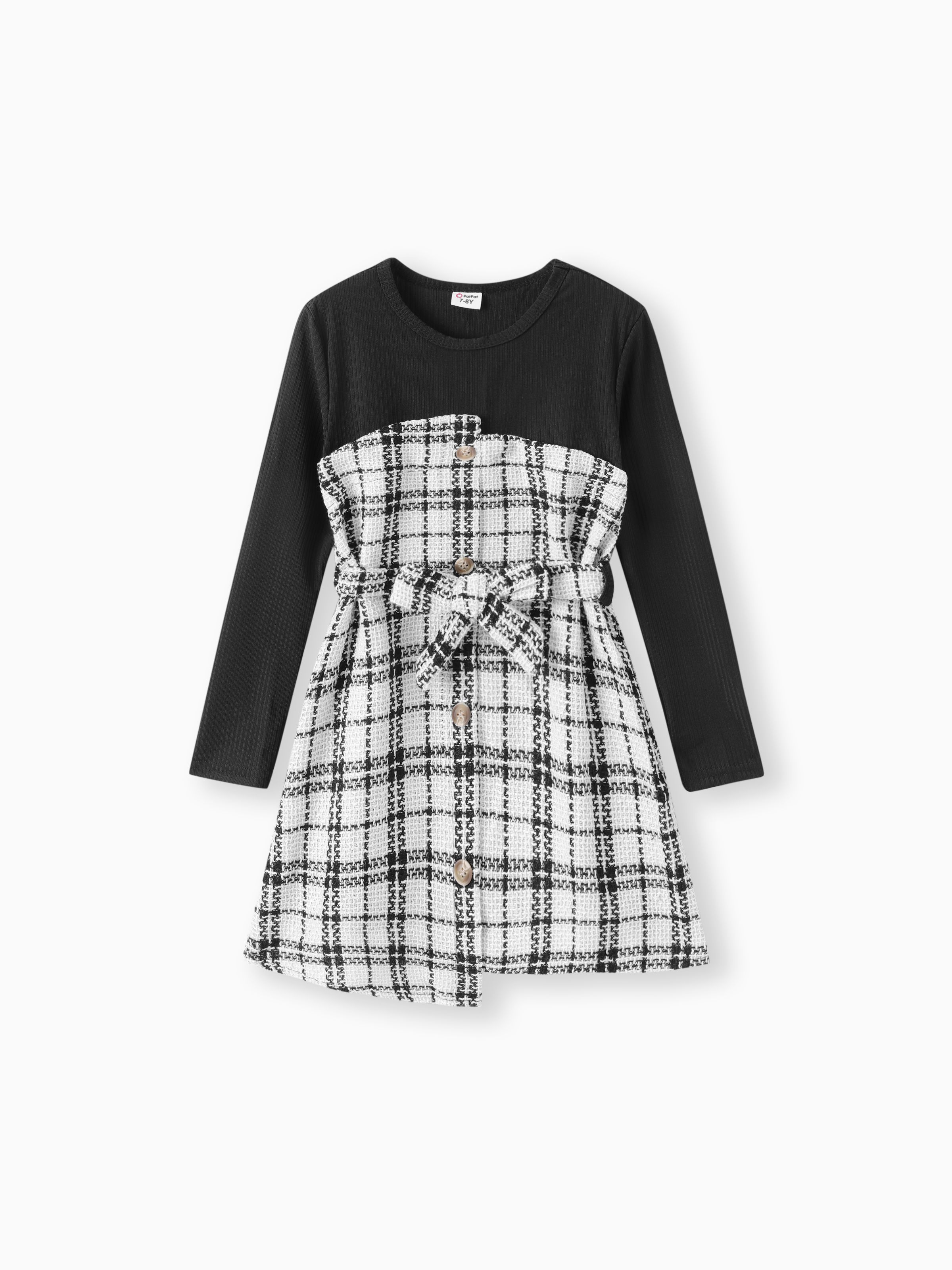 

Kid Girl Plaid Tweed Splice Button Design Irregular Hem Long-sleeve Dress
