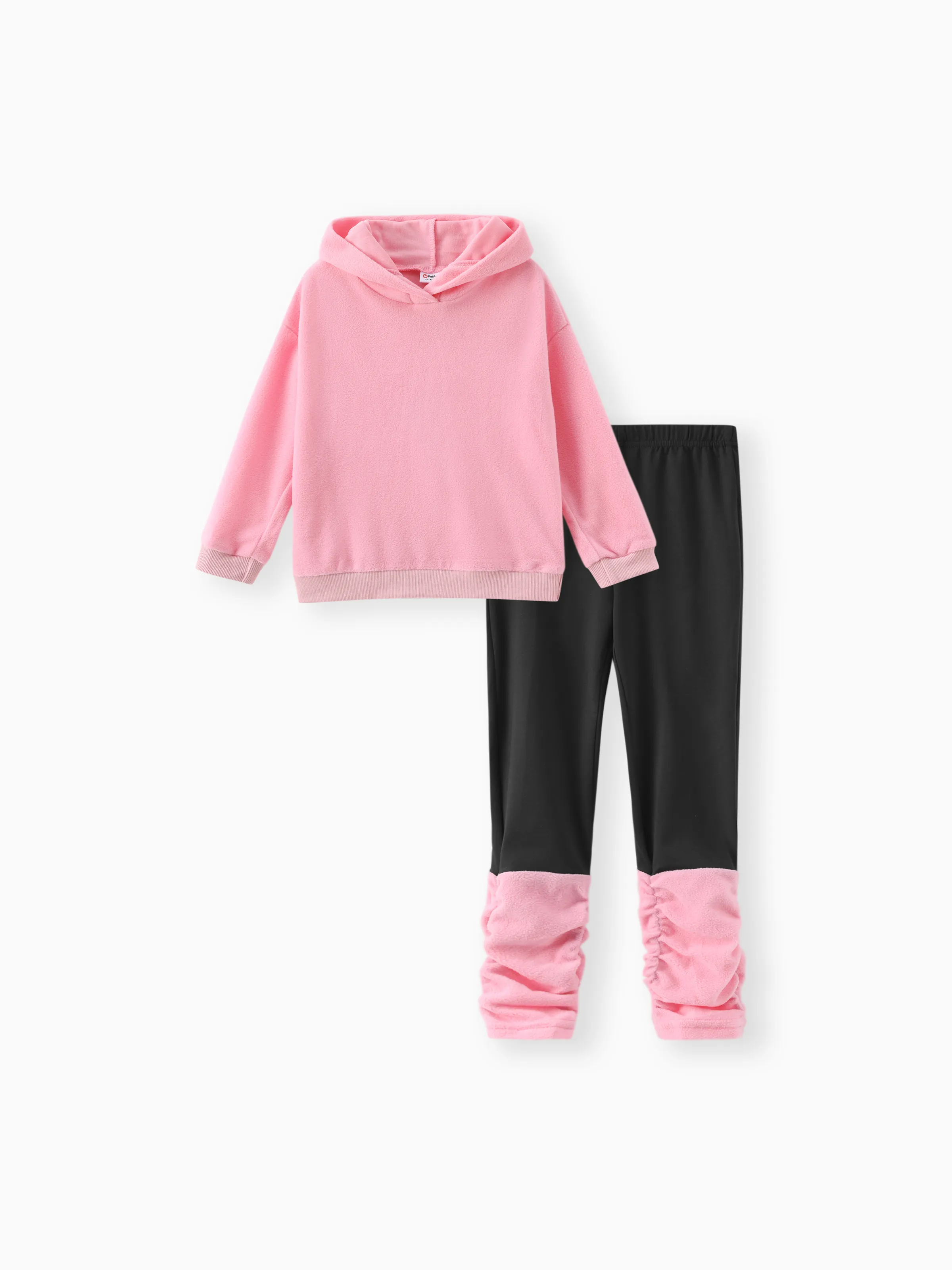 2pcs Kid Girl Ear Design Polar fleece Hoodie Sweatshirt amd Colorblock Splice Leggings Set Pink