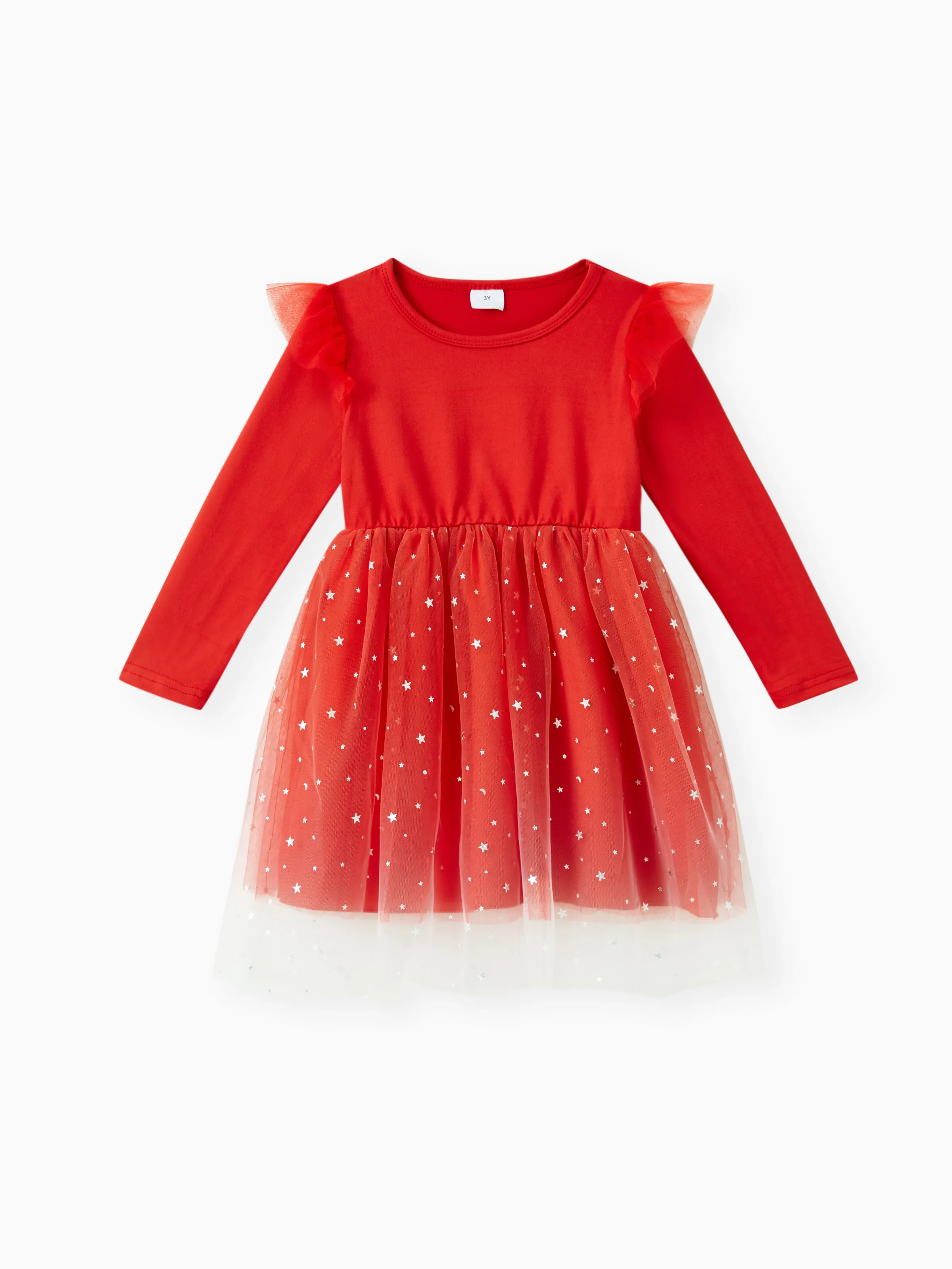 

Toddler Girl Christmas Star Glitter Design Mesh Splice Red Dress