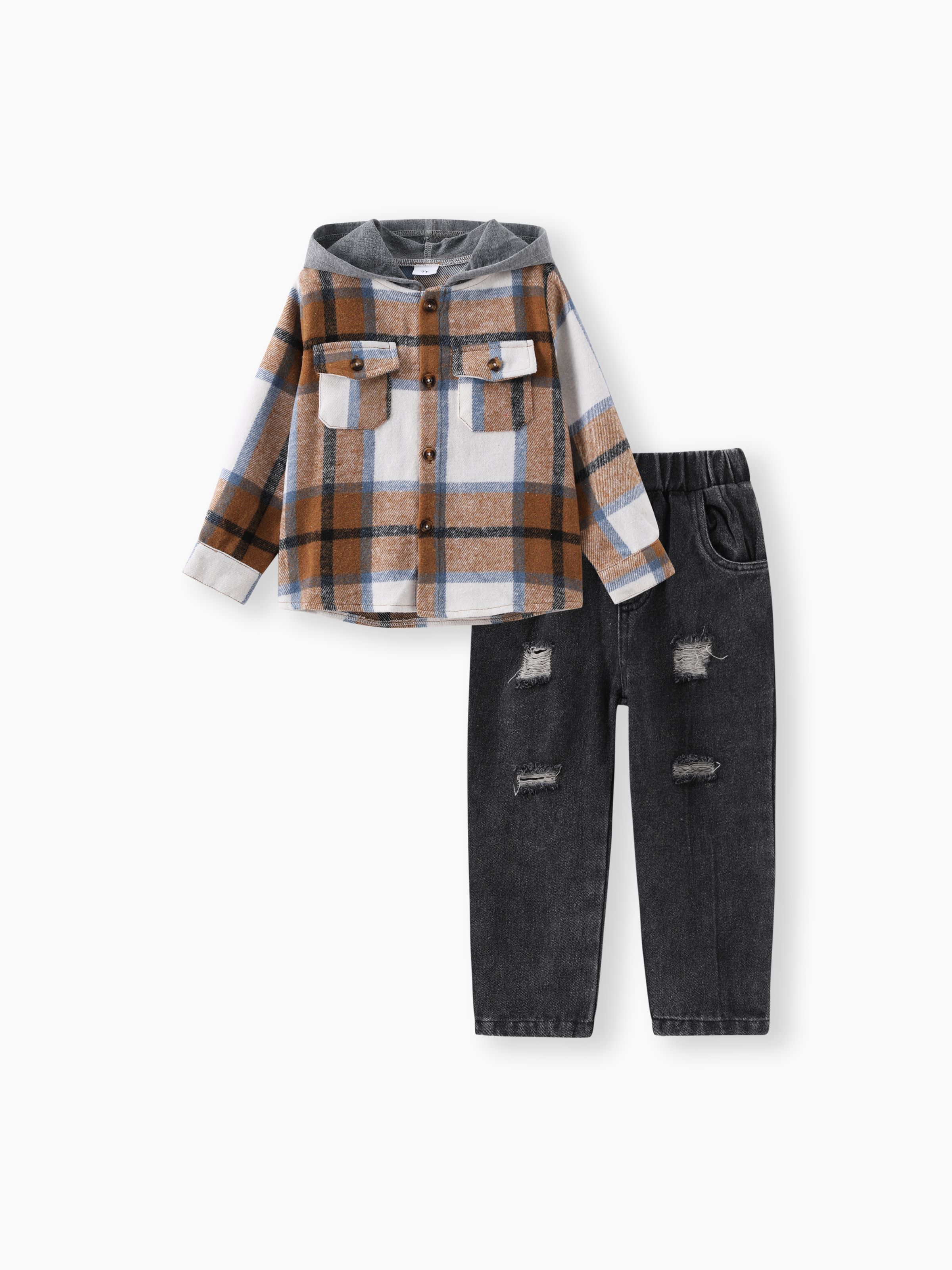 

2pcs Toddler Boy Trendy Ripped Denim Jeans and Plaid Hooded Jacket Set