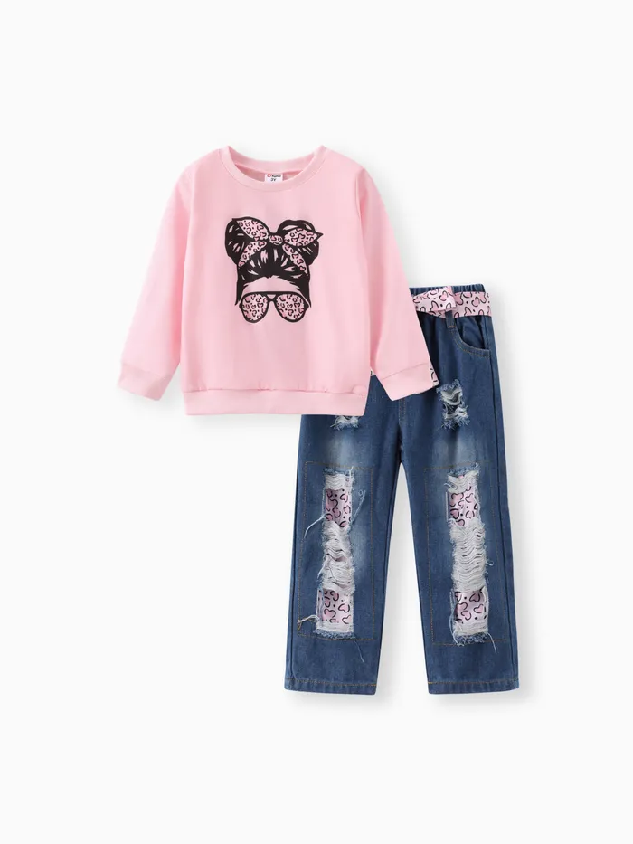 2pcs Toddler Girl Trendy Patchwork Ripped Denim Jeans and Figure Print Sweatshirt Set