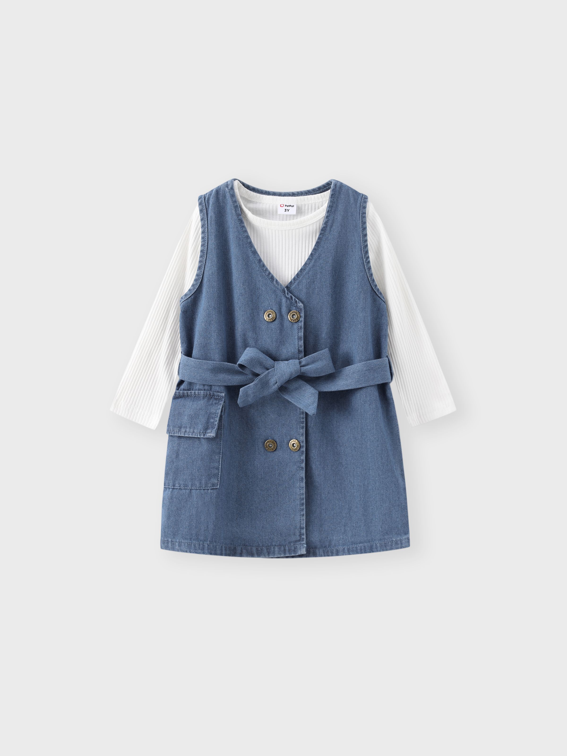 

2pcs Toddler Girl Long-sleeve Ribbed White Tee and Button Design Belted Denim Dress Set