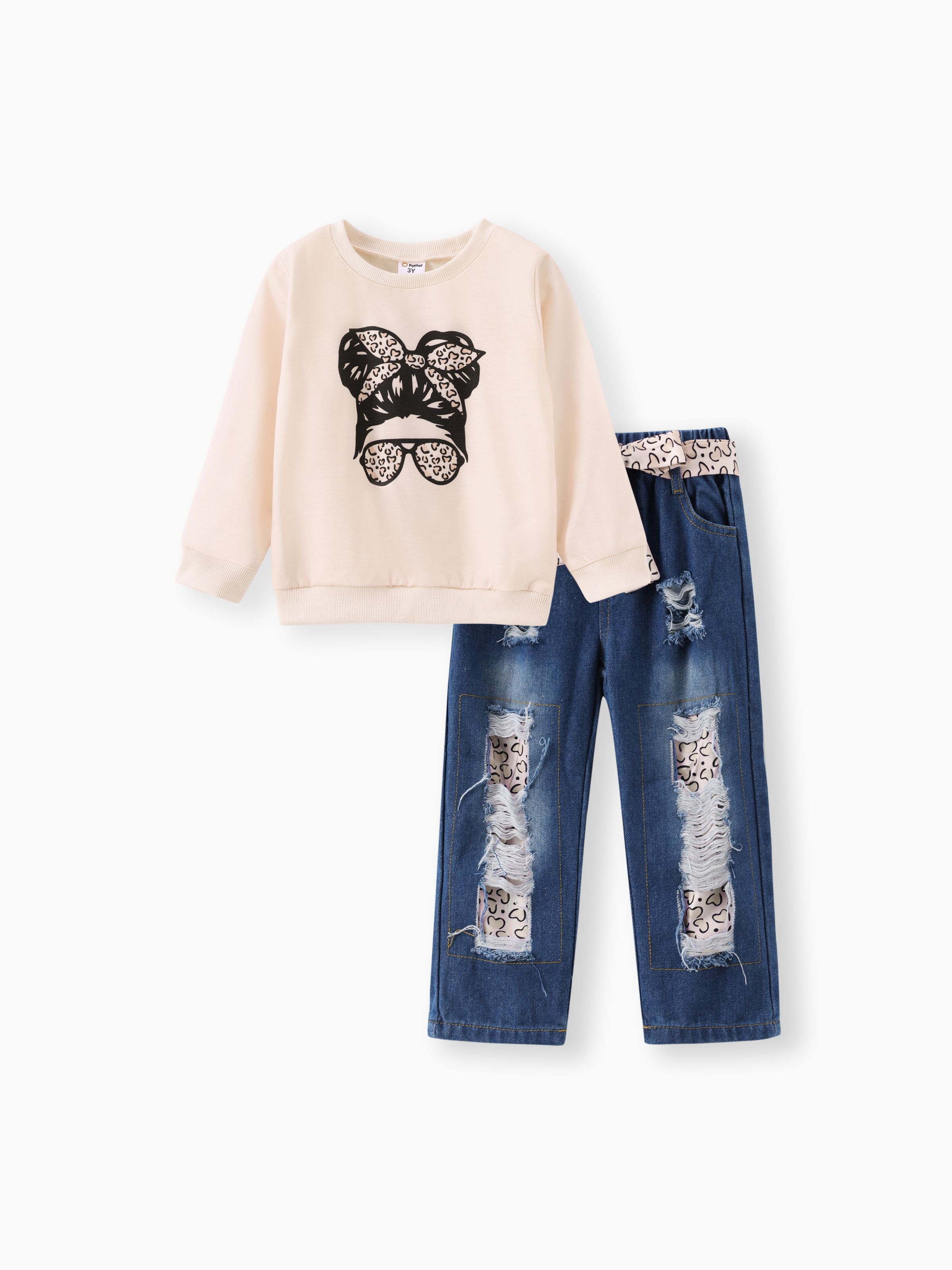 

2pcs Toddler Girl Trendy Patchwork Ripped Denim Jeans and Figure Print Sweatshirt Set
