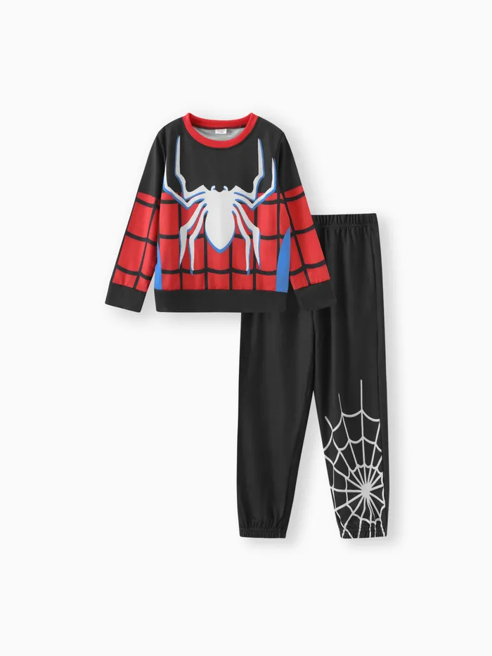 2pcs Kid Boy Spider Print Colorblock Sweatshirt and Black Pants Set