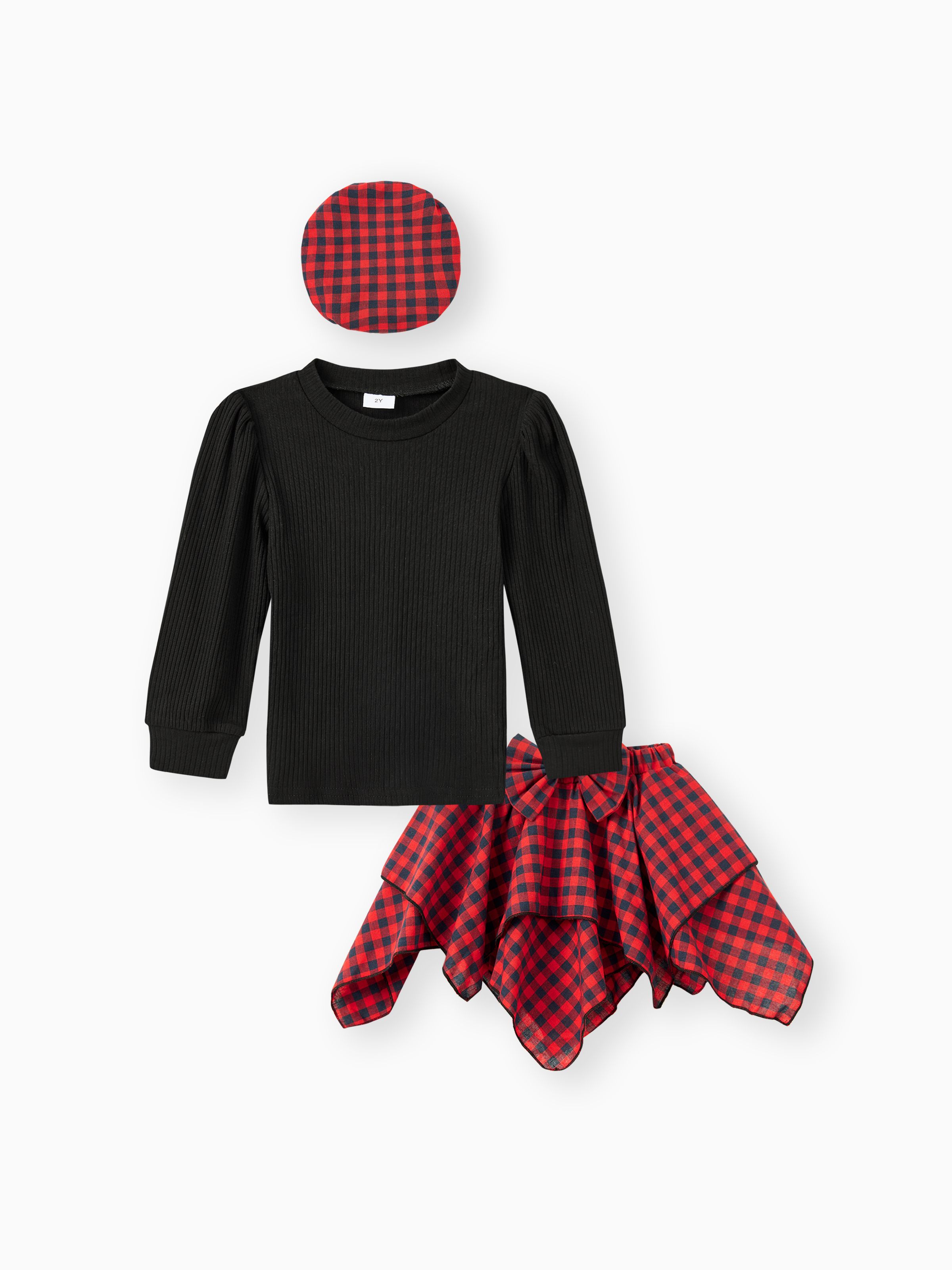 

3pcs Toddler Girl Plaid Beret Cap & Black Sweatshirt and Irregular Skirt Set
