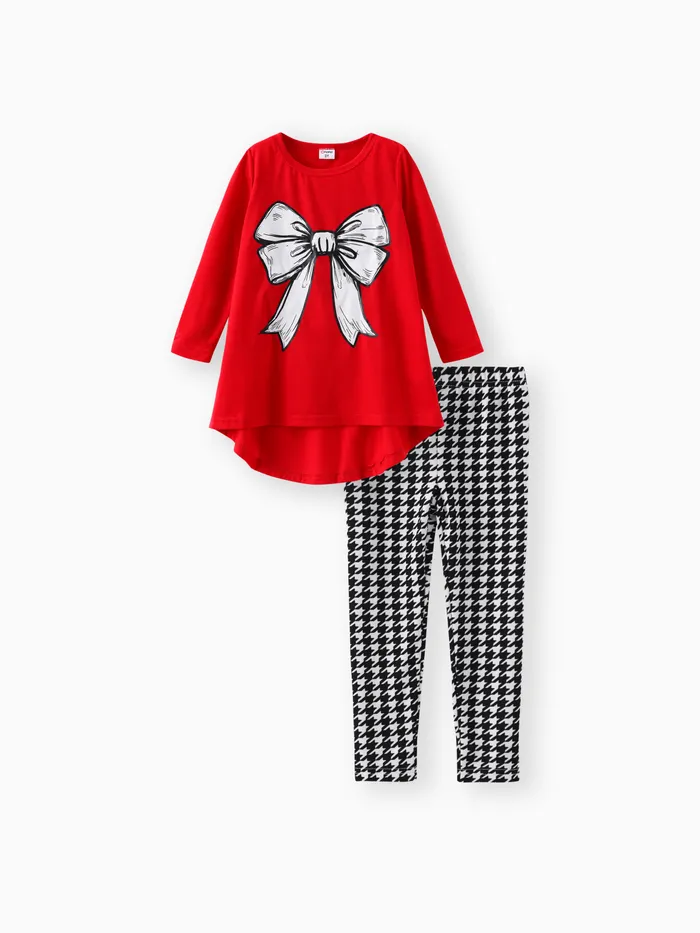 2pcs Toddler Girl Bowknot Print High Low Long-sleeve Tee and Houndstooth Leggings Set