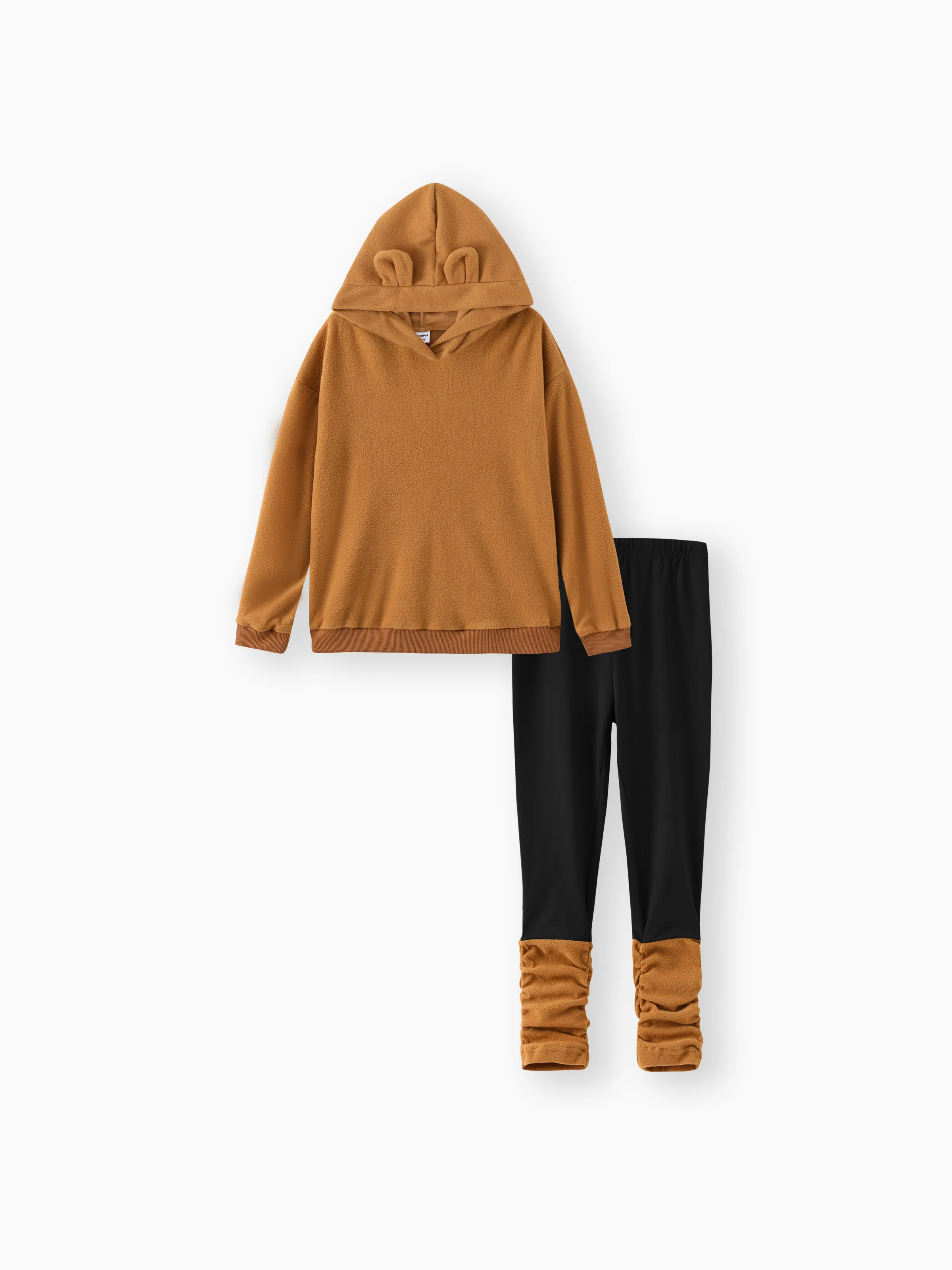2pcs Kid Girl Ear Design Polar fleece Hoodie Sweatshirt amd Colorblock Splice Leggings Set Brown