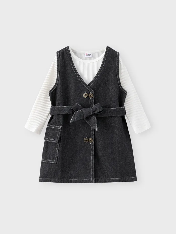 2pcs Toddler Girl Long-sleeve Ribbed White Tee and Button Design Belted Denim Dress Set