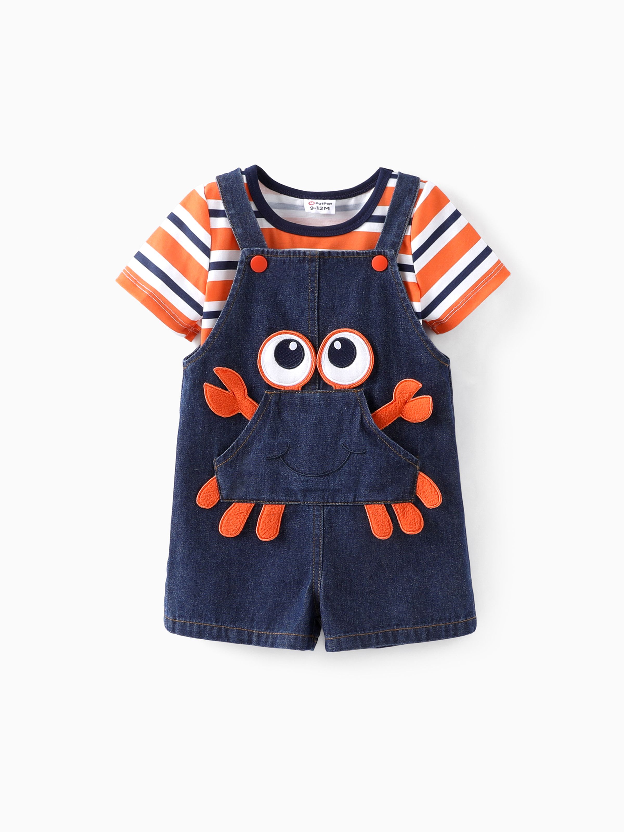 

Baby Boy 2pcs Striped Tee and Crab Embroidery Overalls Set