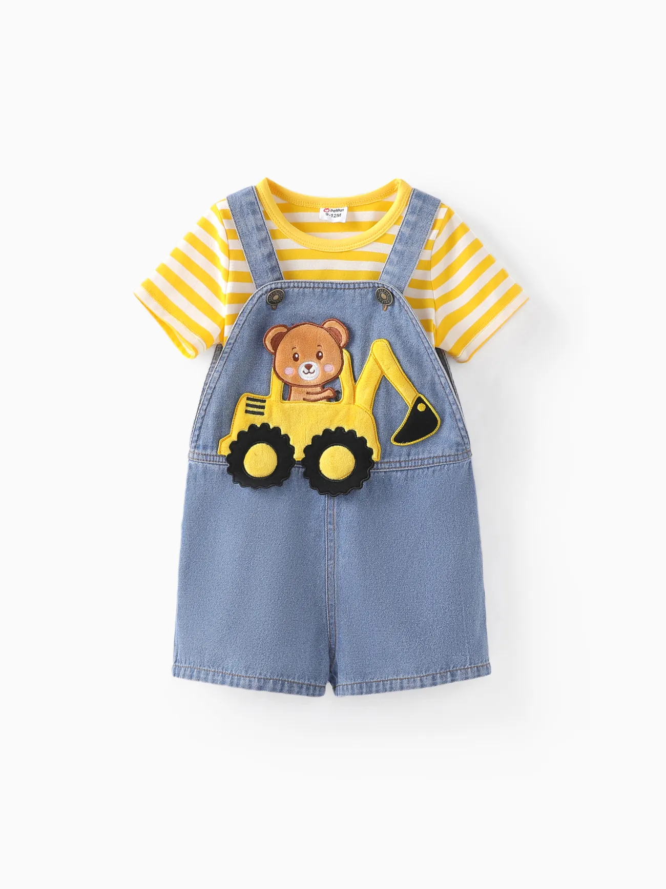 

Baby Boy 2pcs Striped Tee and Bear Vehicle Embroidery Denim Overalls Set