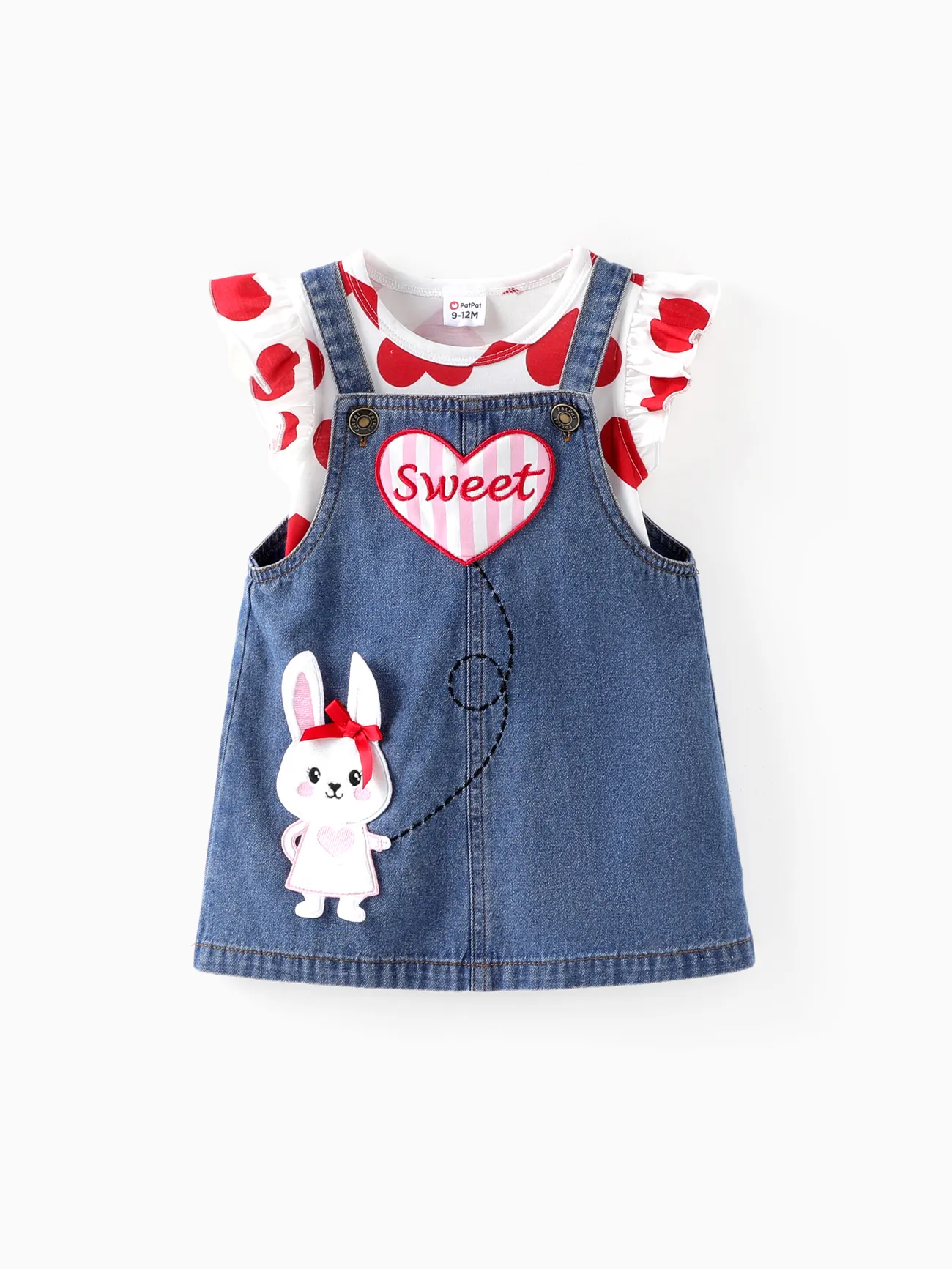 Baby Girl 2pcs Heart Print Tee and Heart Rabbit Embroidery Denim Overall Dress Set