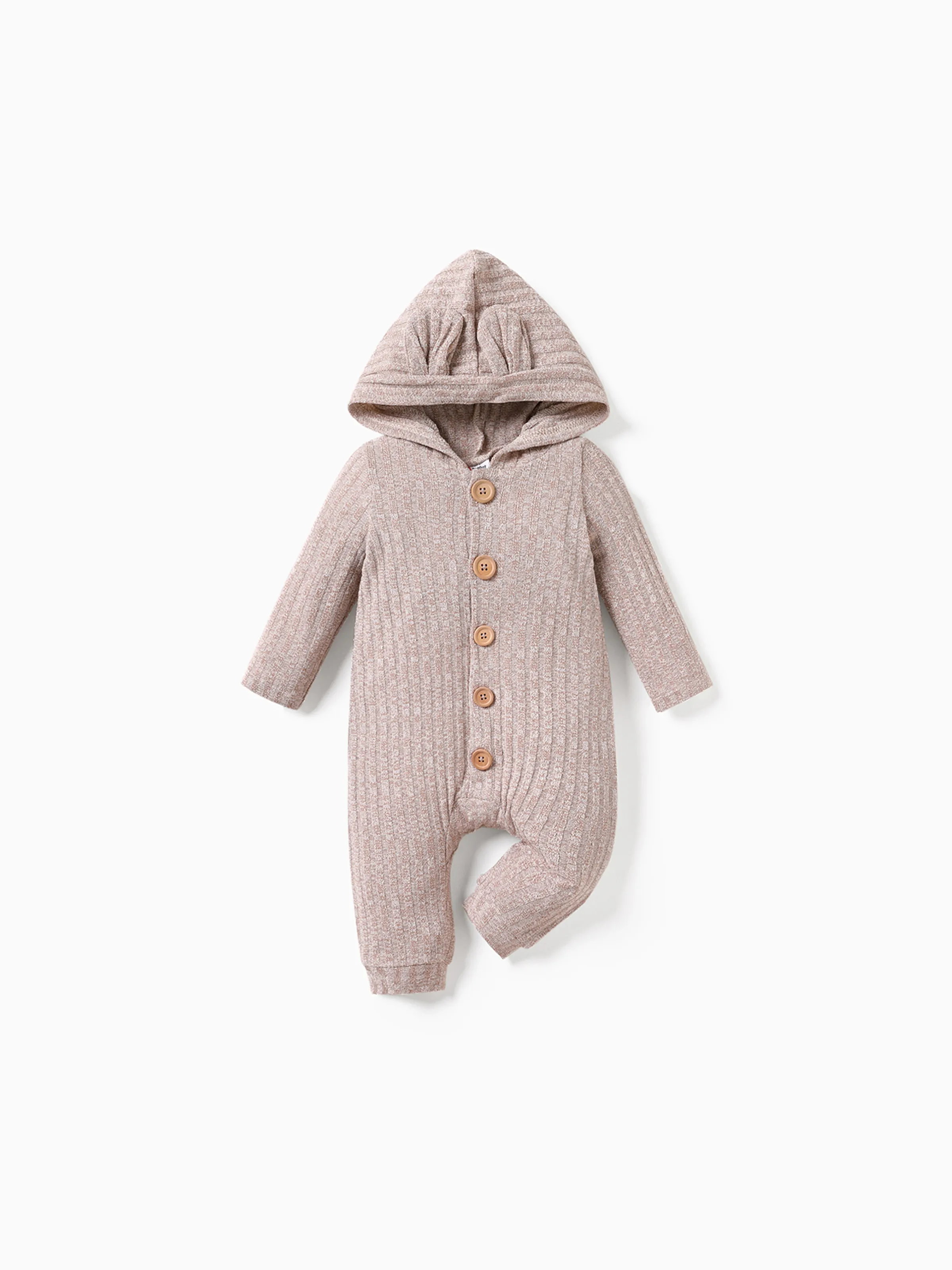 

Baby Boy/Girl Heathered Ribbed Long-sleeve 3D Ears Hooded Button Down Jumpsuit