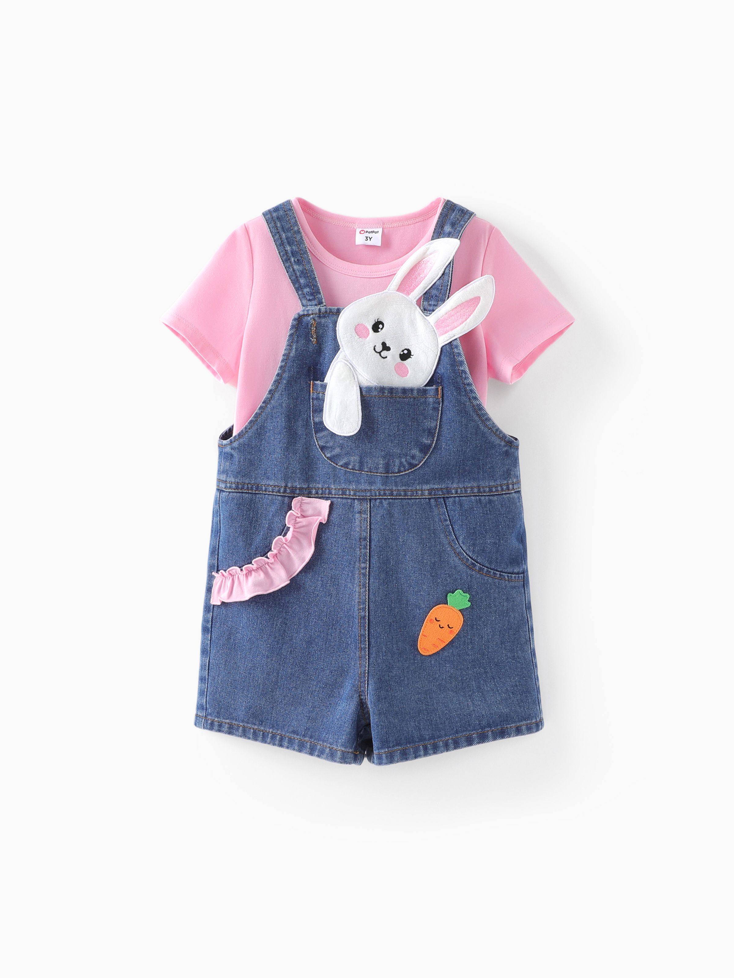 

Toddler Girl 2pcs Solid Tee and Rabbit Embroidery Denim Overalls Set