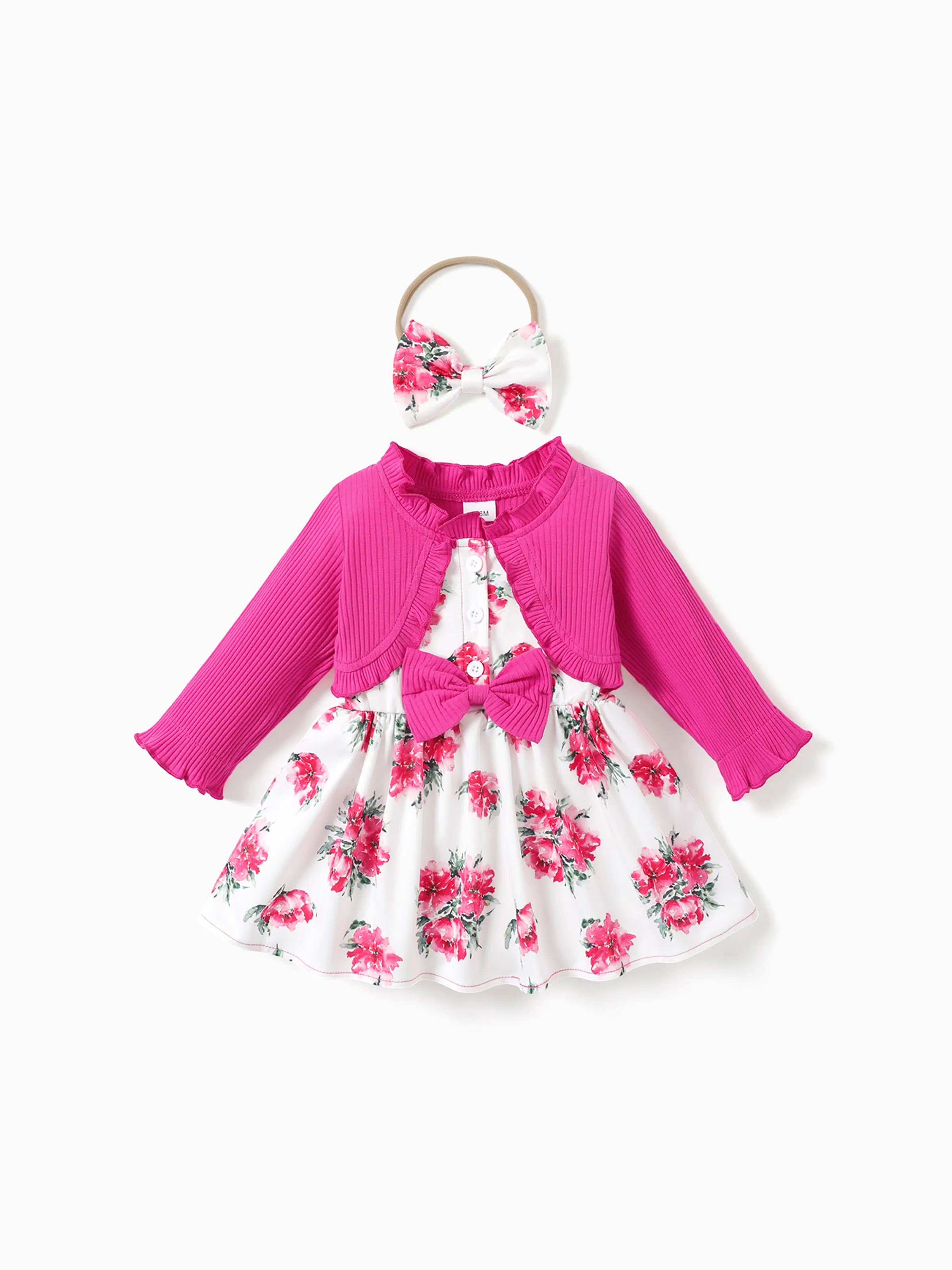 

2pcs Baby Girl Frill Ribbed Splicing Floral Print Faux-two Long-sleeve Dress with Headband Set