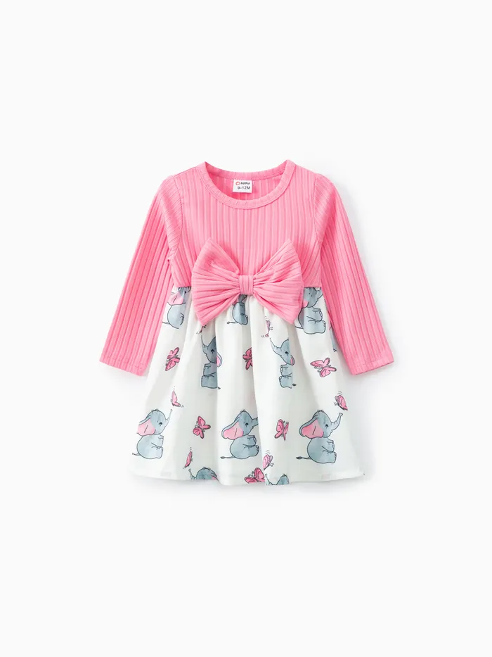 Baby Girl Pink Ribbed Bowknot Long-sleeve Splicing Cartoon Elephant Print Dress