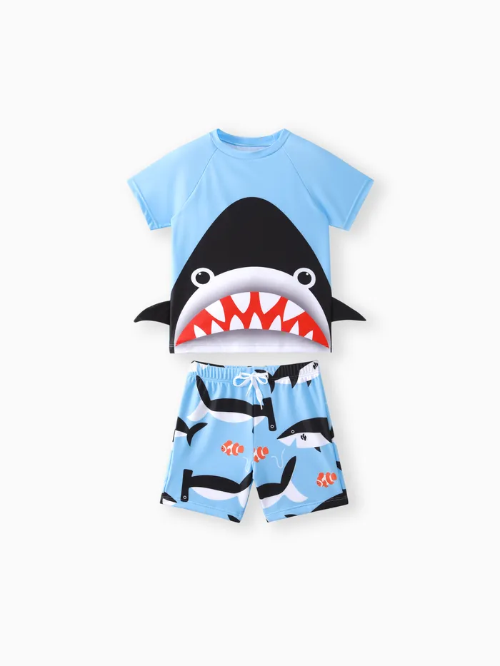 2 件蹣跚學步/兒童男孩童心鯊魚印花泳裝套裝
