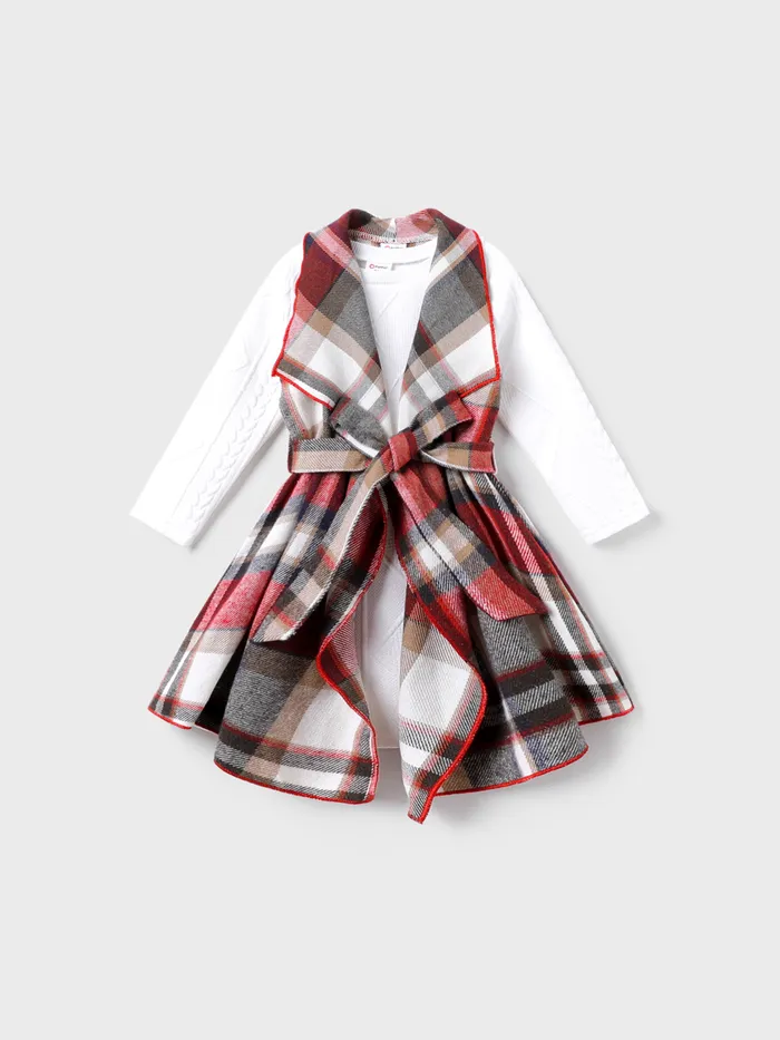 3PCS Toddler Girl Asymmetrical Hemline Classic Grid  Dress Set 