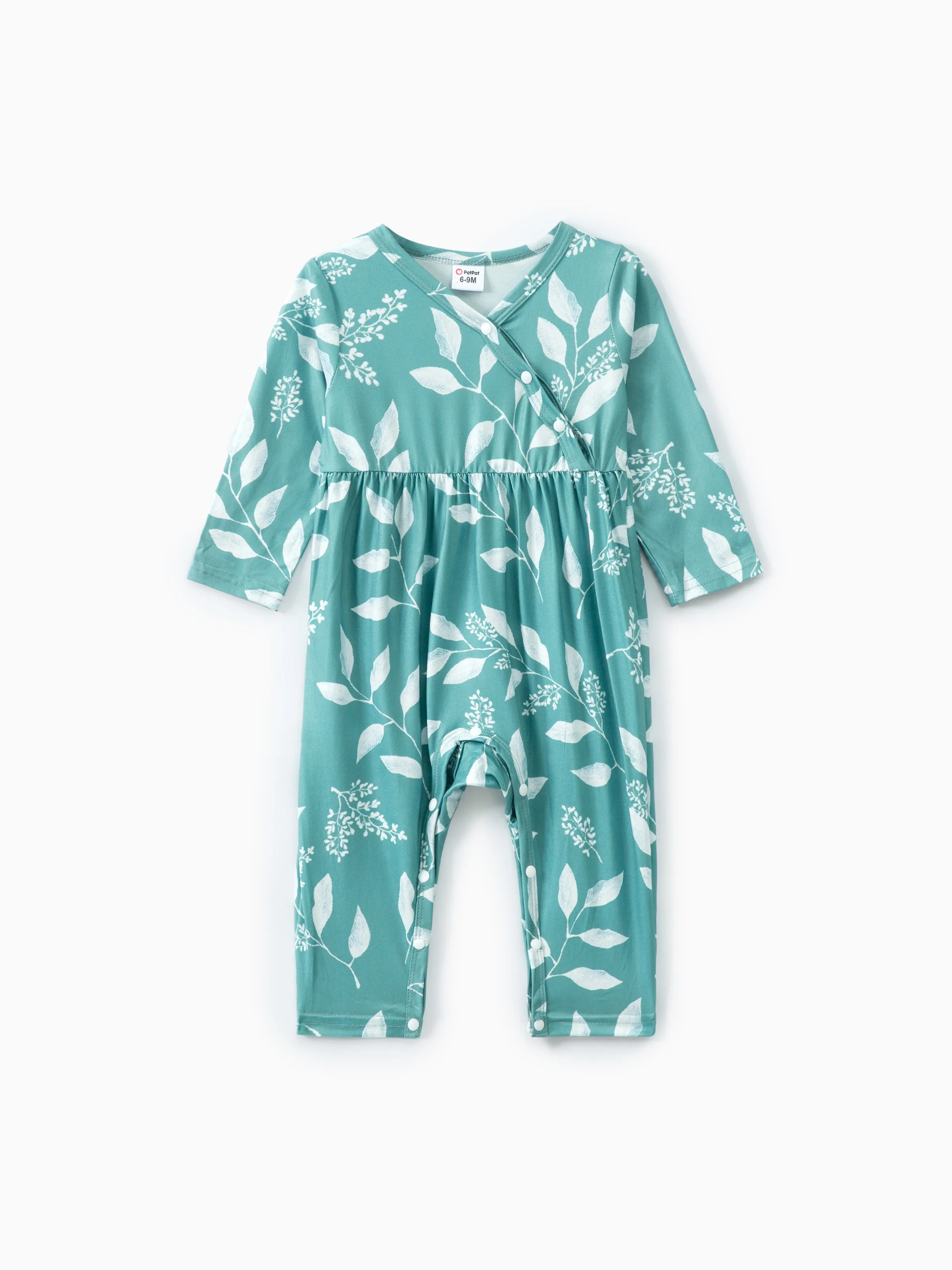 

Baby Girl All Over Leaves Print Long-sleeve Snap-up Jumpsuit