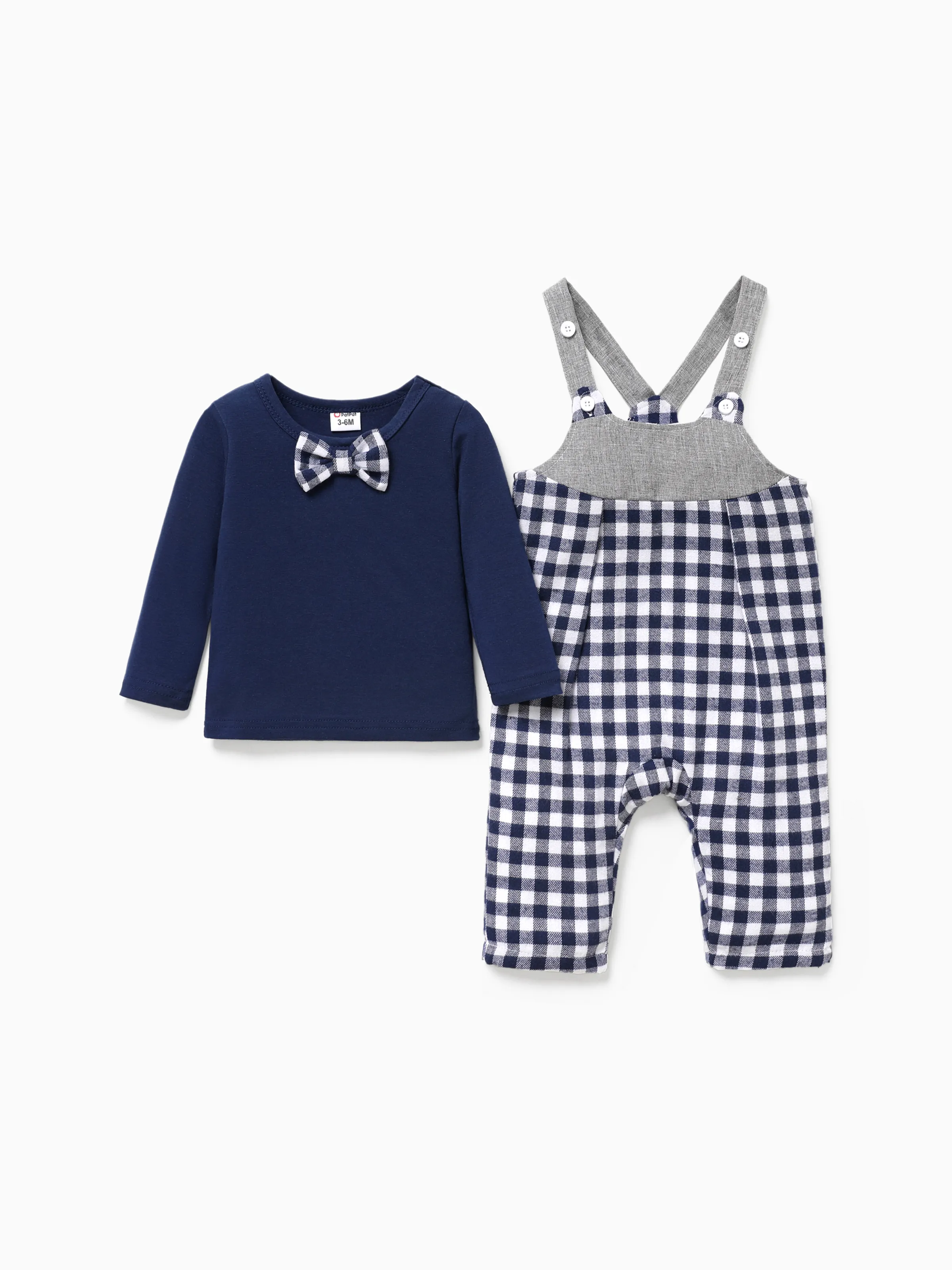 

Baby Boy 2pcs Bowknot Tee and Grid Print Overalls Set