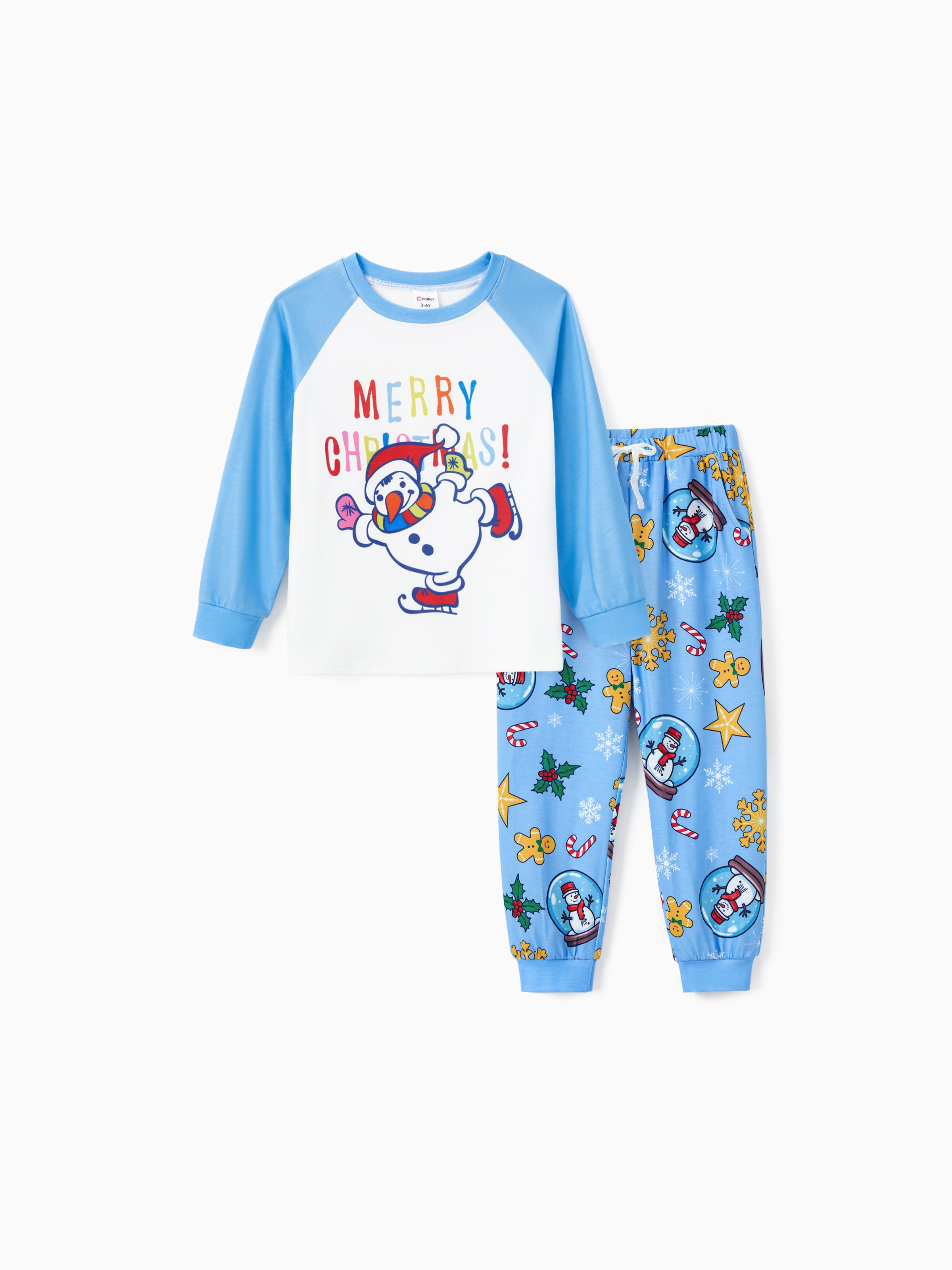 

Christmas Family Matching Blue Raglan Sleeves Snowman Graphic Pajamas Sets with Drawstring and Pockets (Flame Resistant)